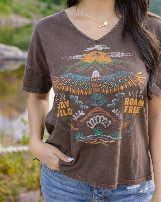 Relaxed Fit V-Neck Graphic Tee - Roam Free T shirt