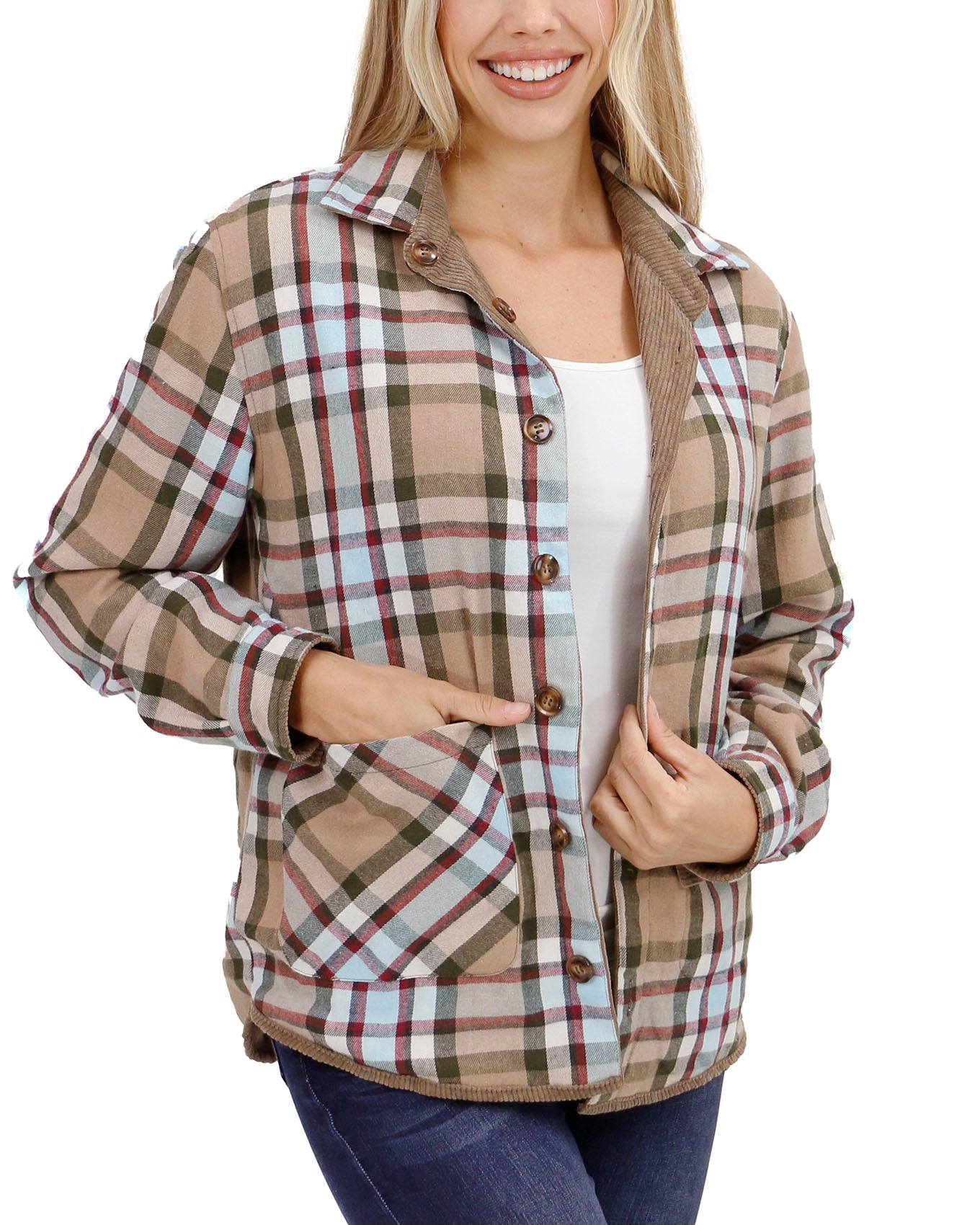front view stock shot of plaid corduroy shacket
