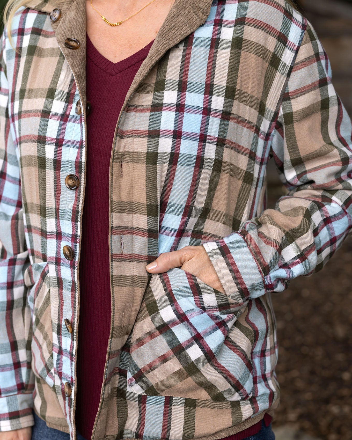 detail view of plaid corduroy shacket