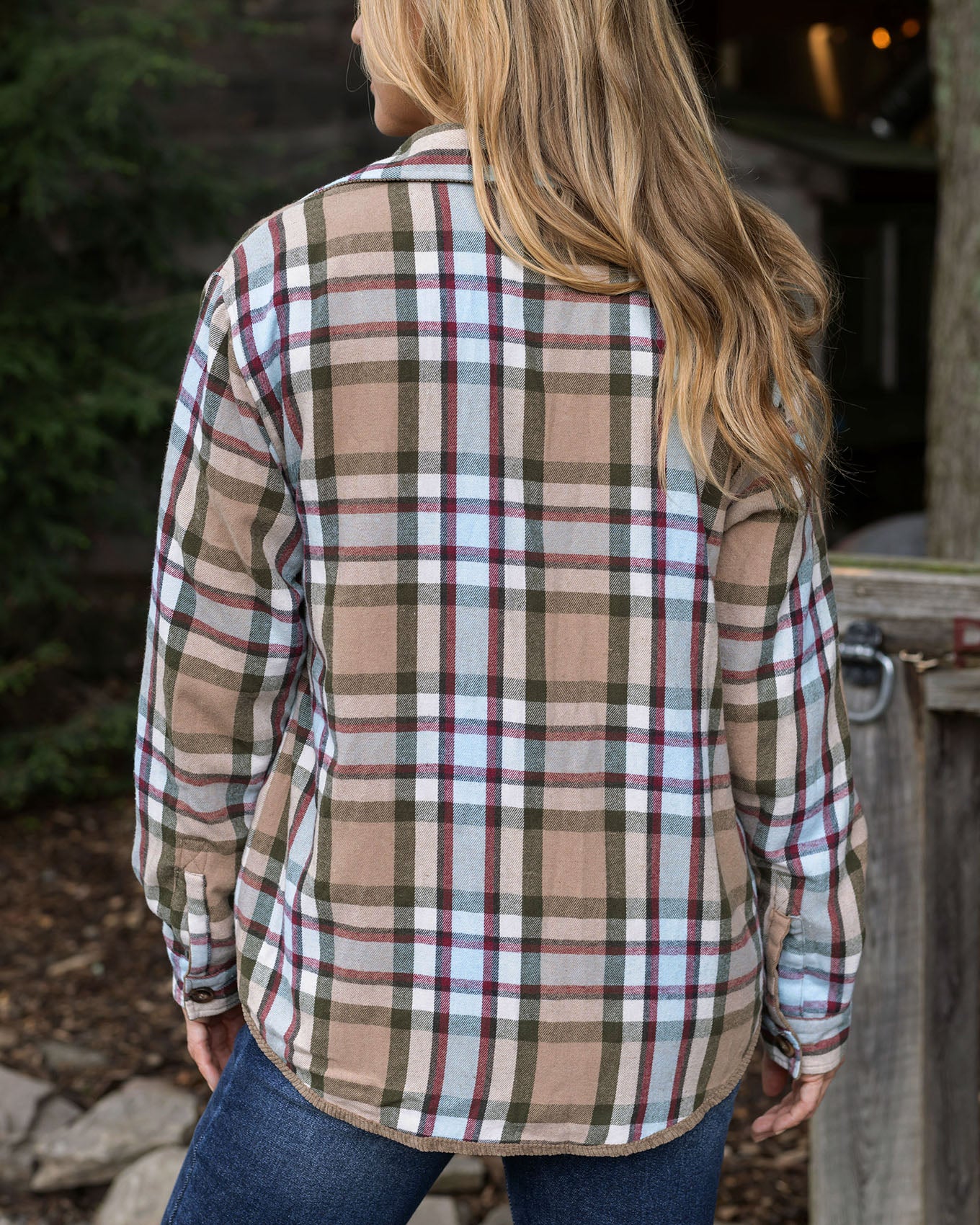 back view of plaid corduroy shacket