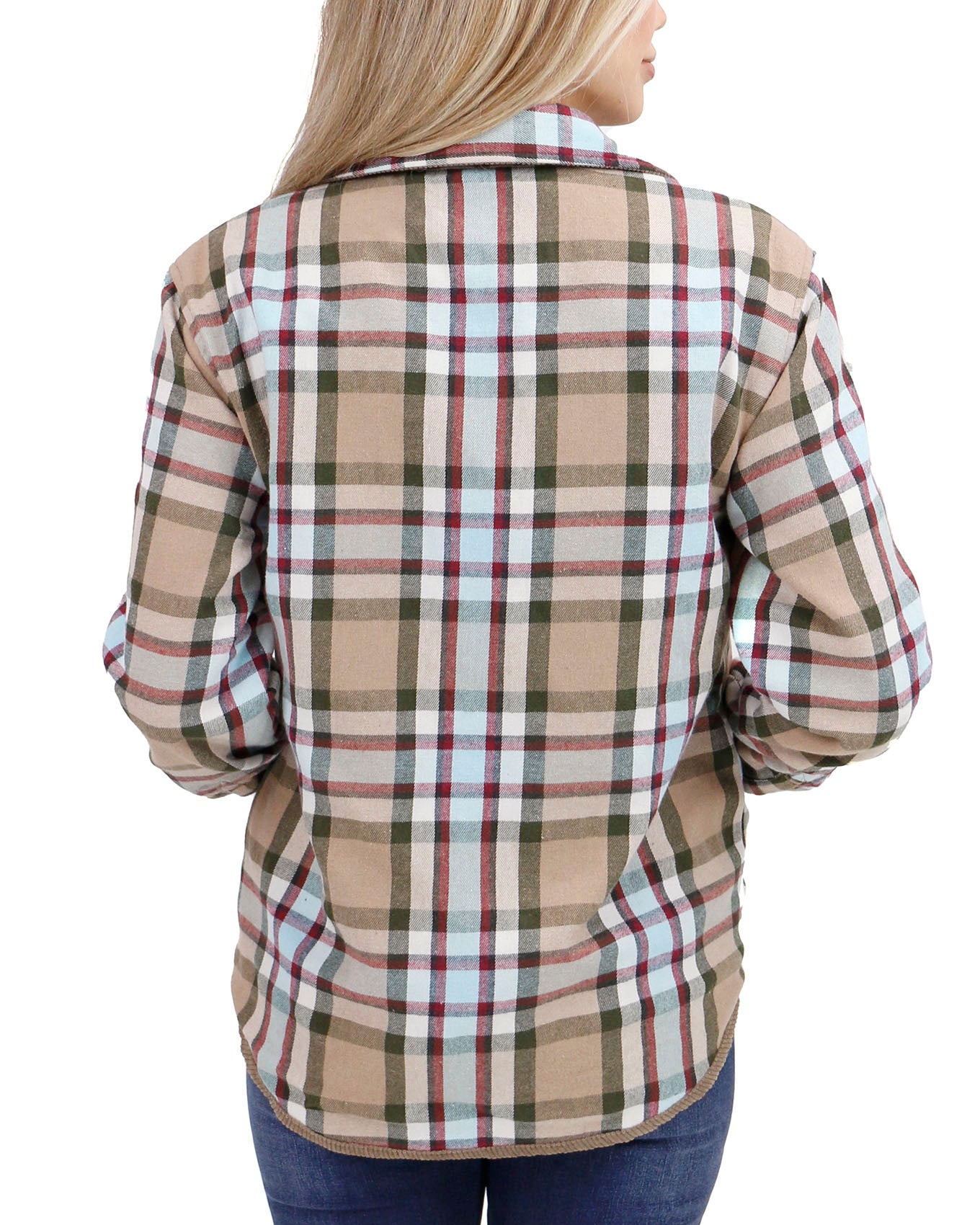 back view stock shot of plaid corduroy shacket