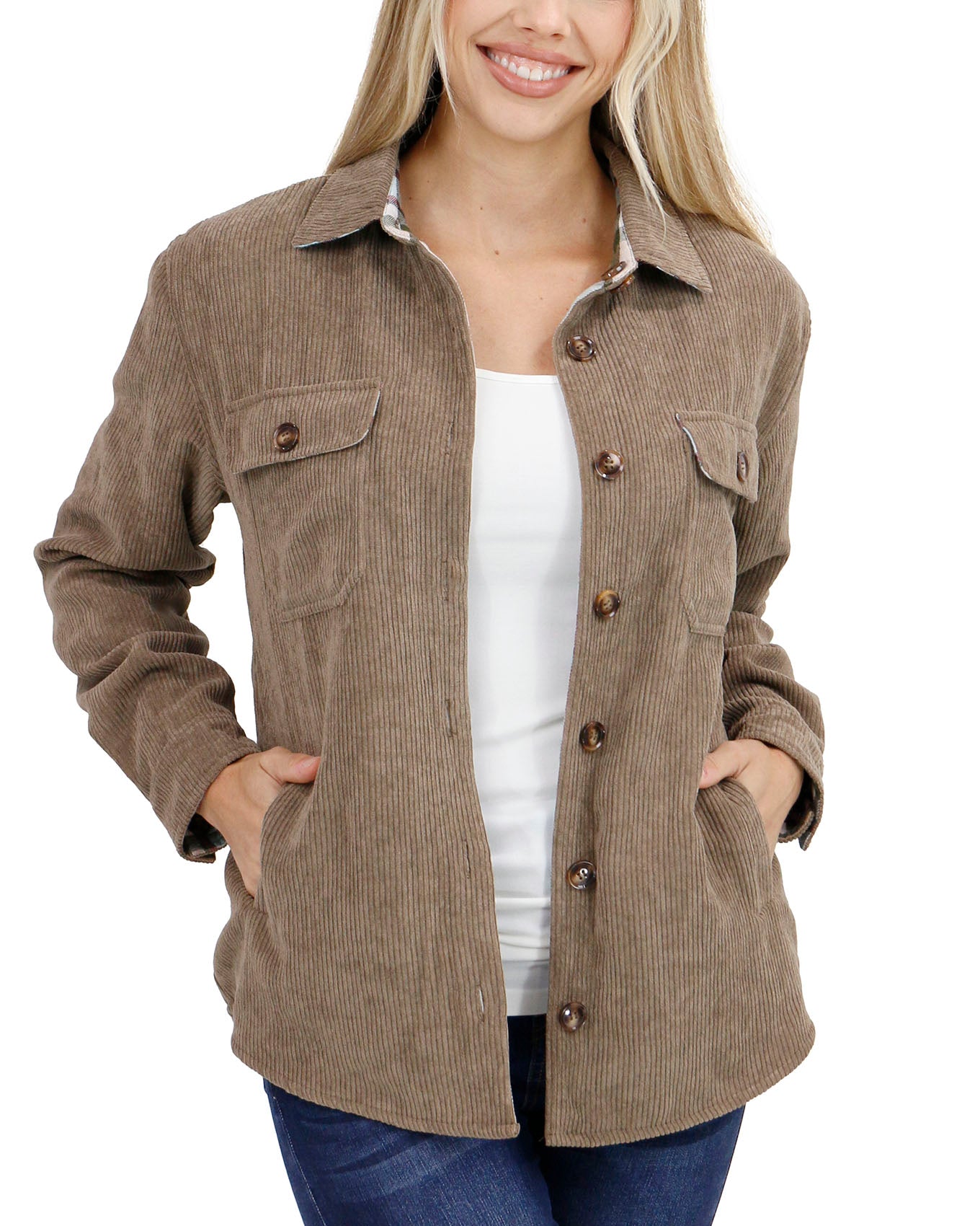 front view stock shot of olive corduroy shacket