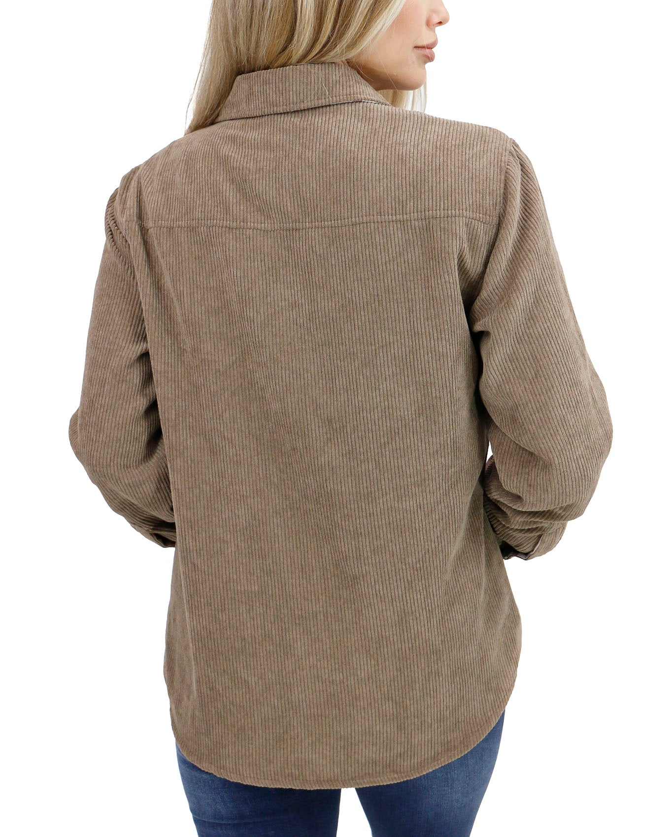 back view stock shot of olive corduroy shacket