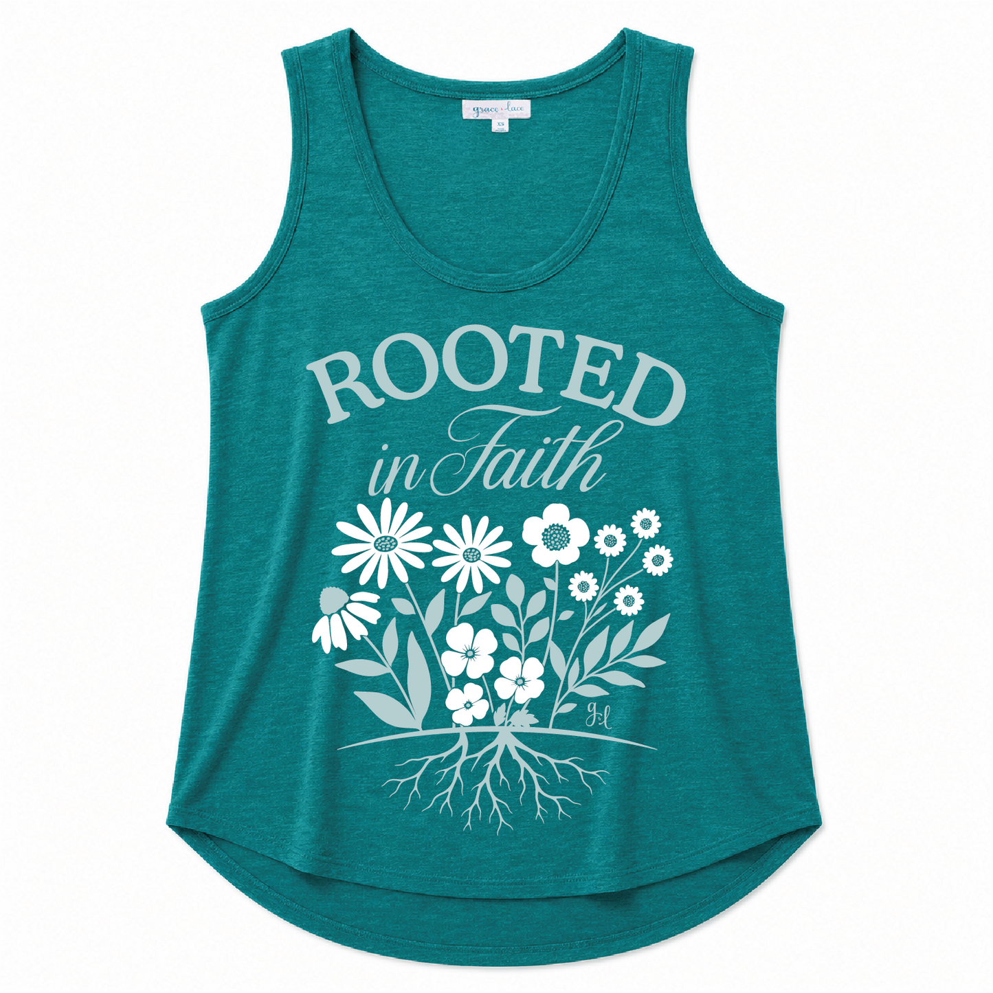 Teal scoop neck tank top featuring a "Rooted in Faith" floral graphic with a botanical root design on a white background