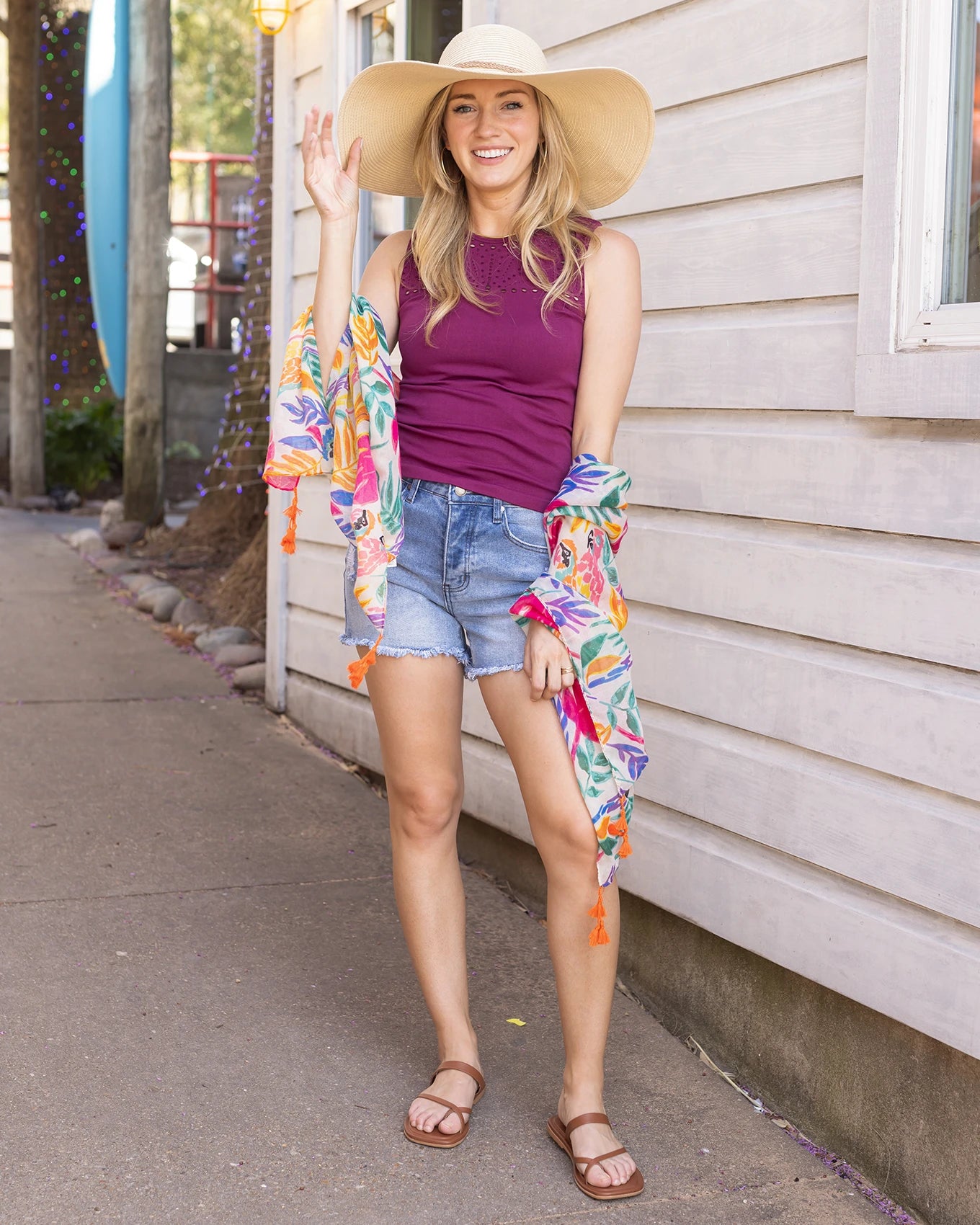 High neck tank top in berry on model