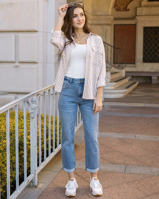 Front view of Tan/Ivory Seaside Striped Button Down Shirt