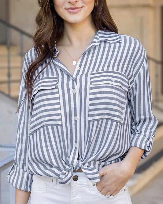 Full styled view of Blue/Ivory Seaside Striped Button Down Shirt