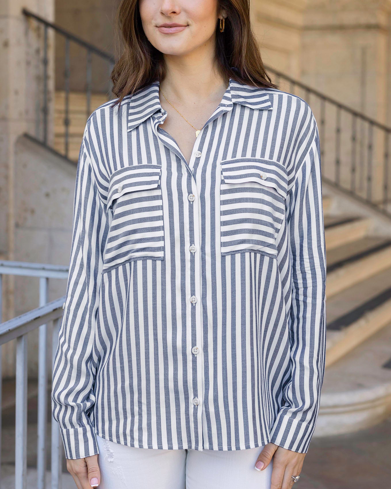 Front view of Blue/Ivory Seaside Striped Button Down Shirt