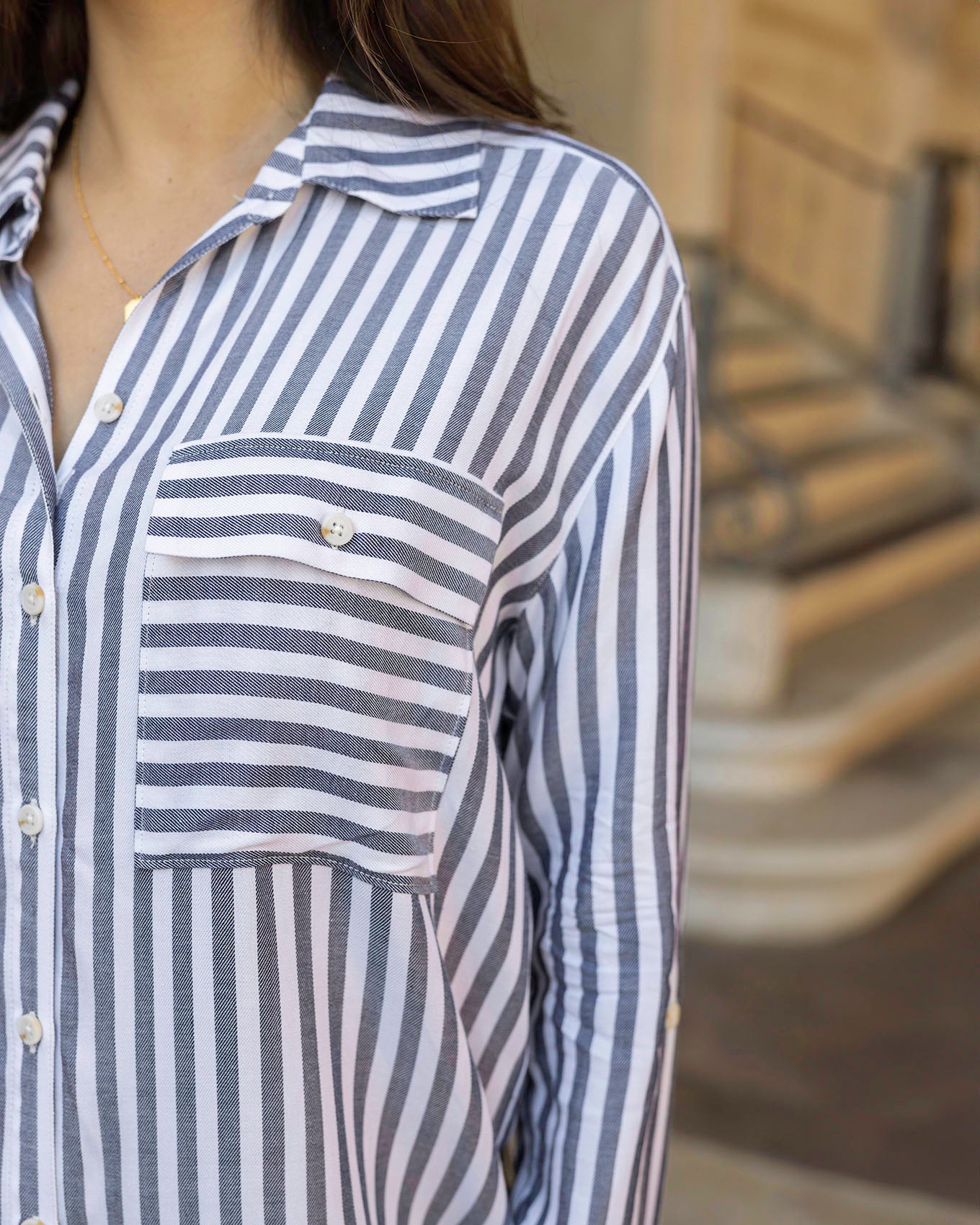 Close up view of Blue/Ivory Seaside Striped Button Down Shirt