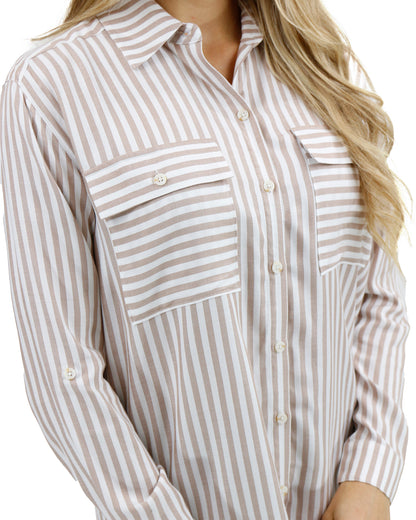Pocket detail of Tan/Ivory Seaside Striped Button Down Shirt