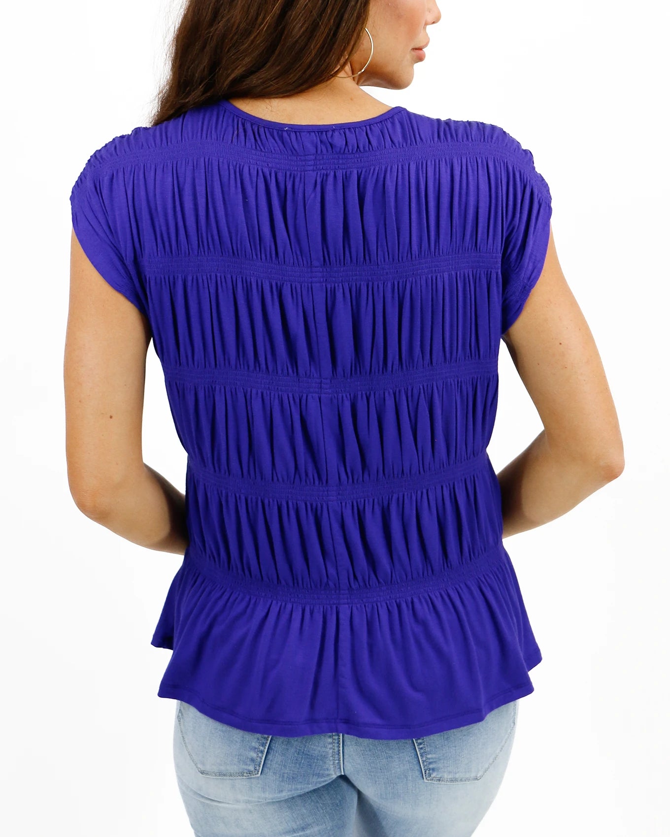 Blue smocked top back view