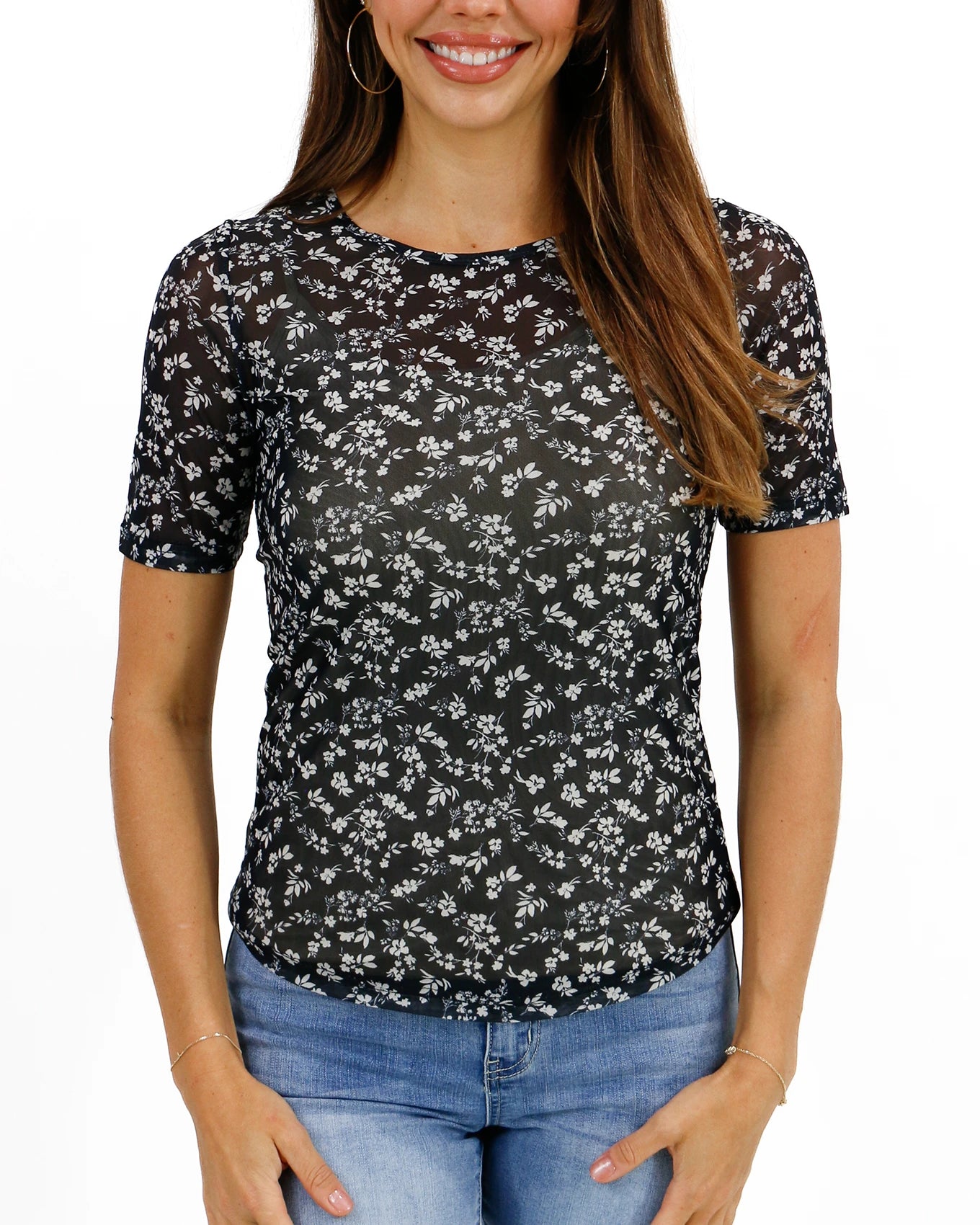 Short sleeve mesh top in black ditsy