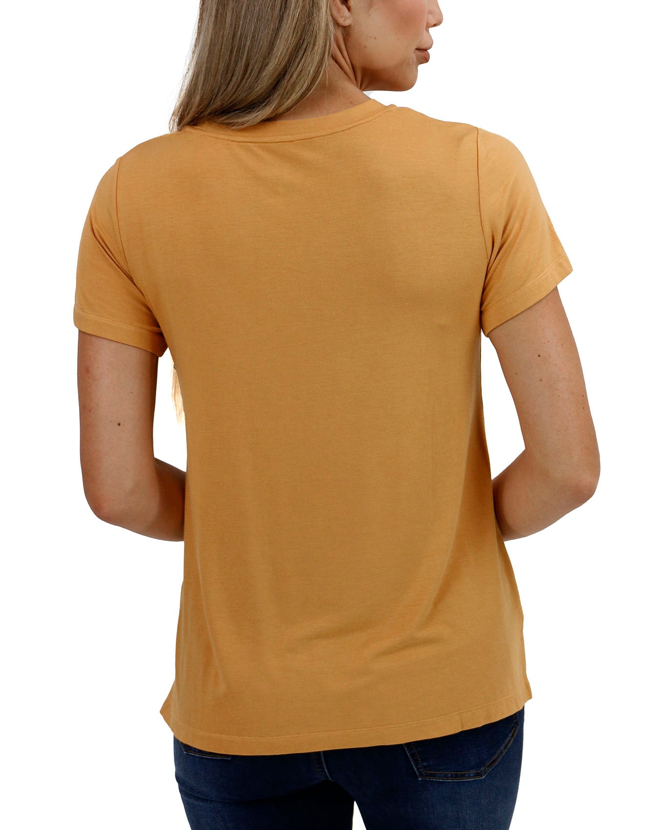 back view stock shot of sketched floral graphic tee in mustard floral