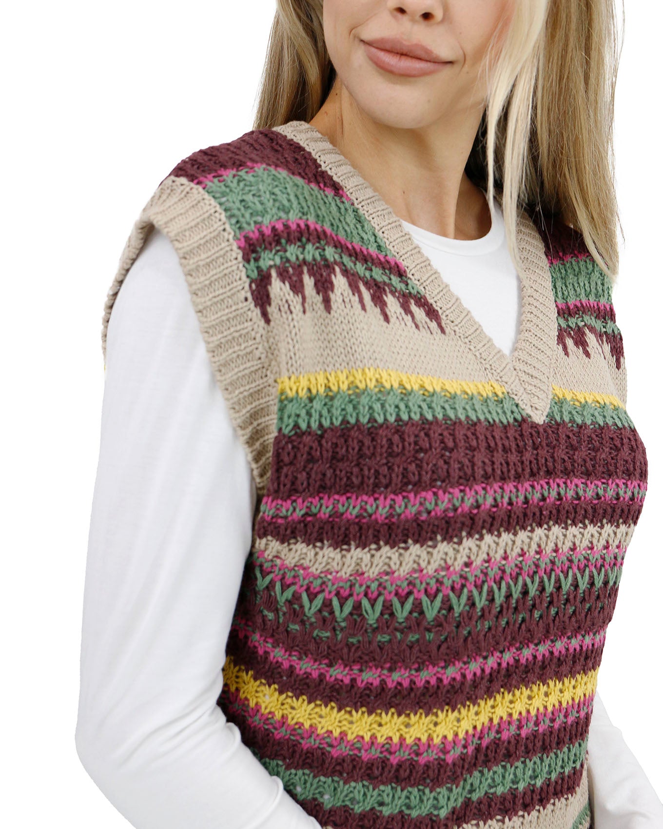 side view stock shot of slouchy sleeveless sweater vest