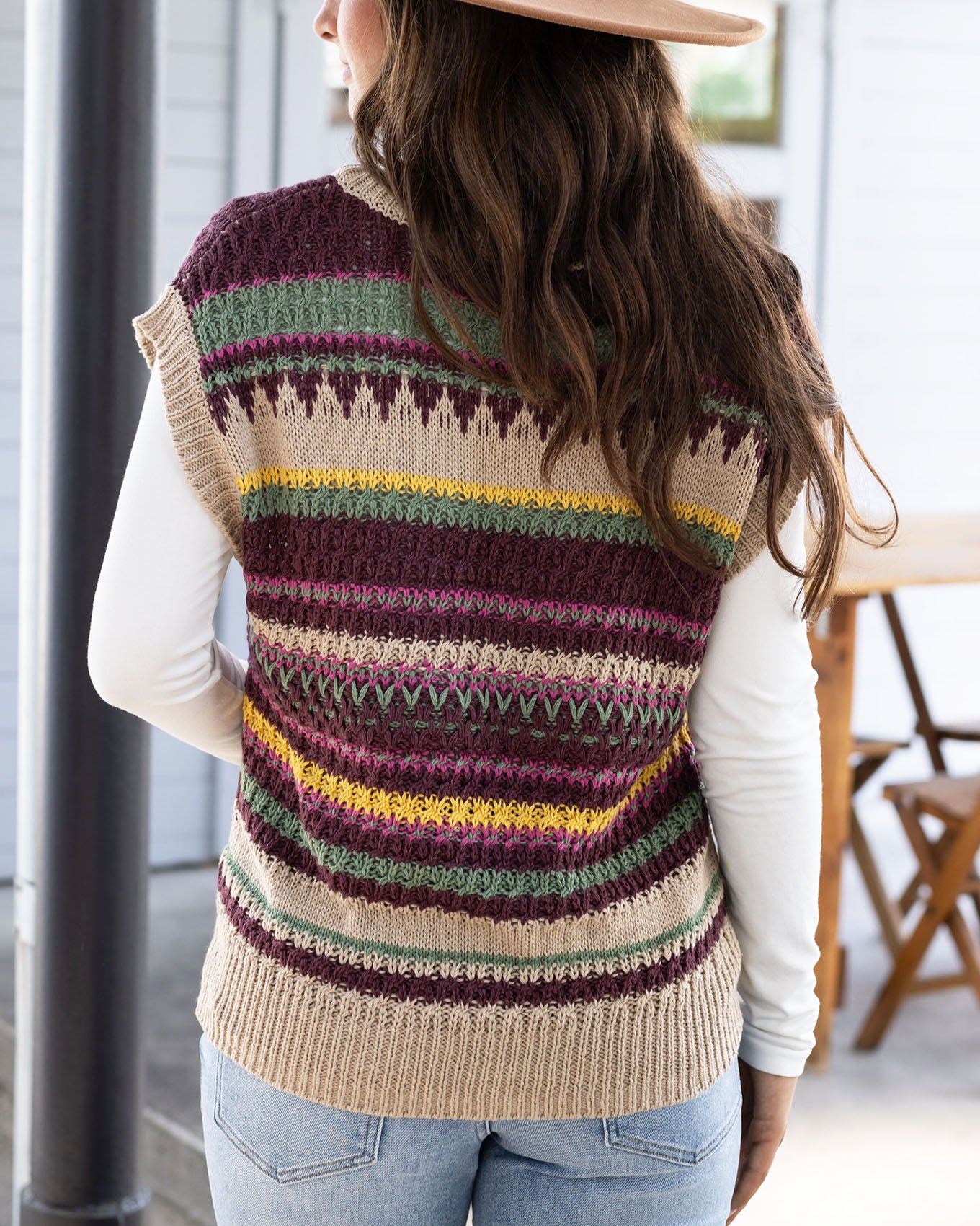 back view of slouchy sleeveless sweater vest