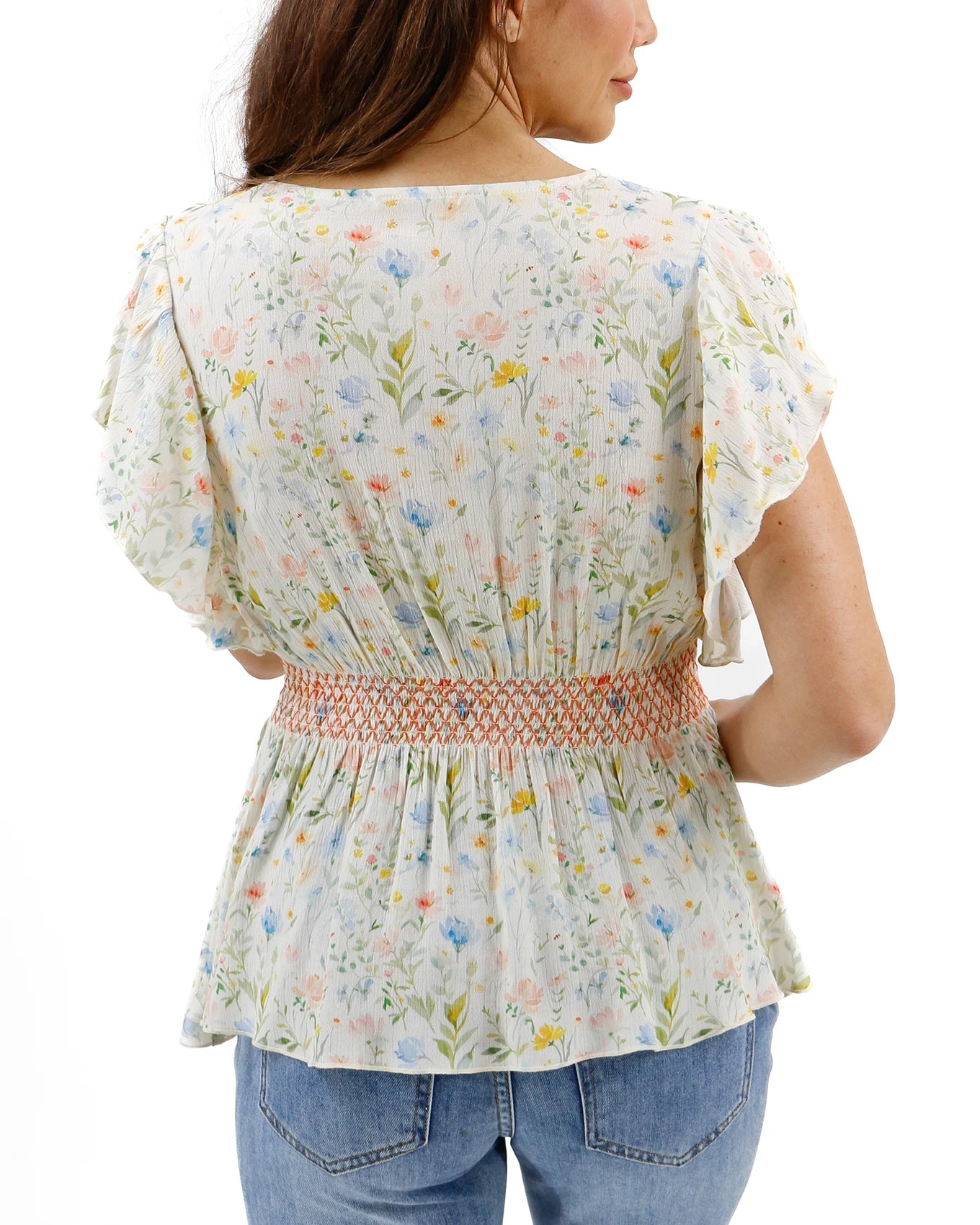 Smocked Flutter Sleeve Top in Watercolor Floral