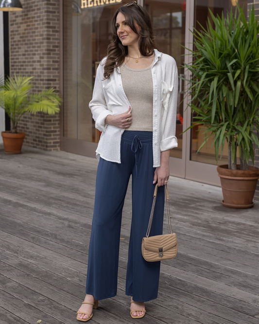 Smocked Wide Leg Smoke Blue Lounge Pants Blue flowy pants