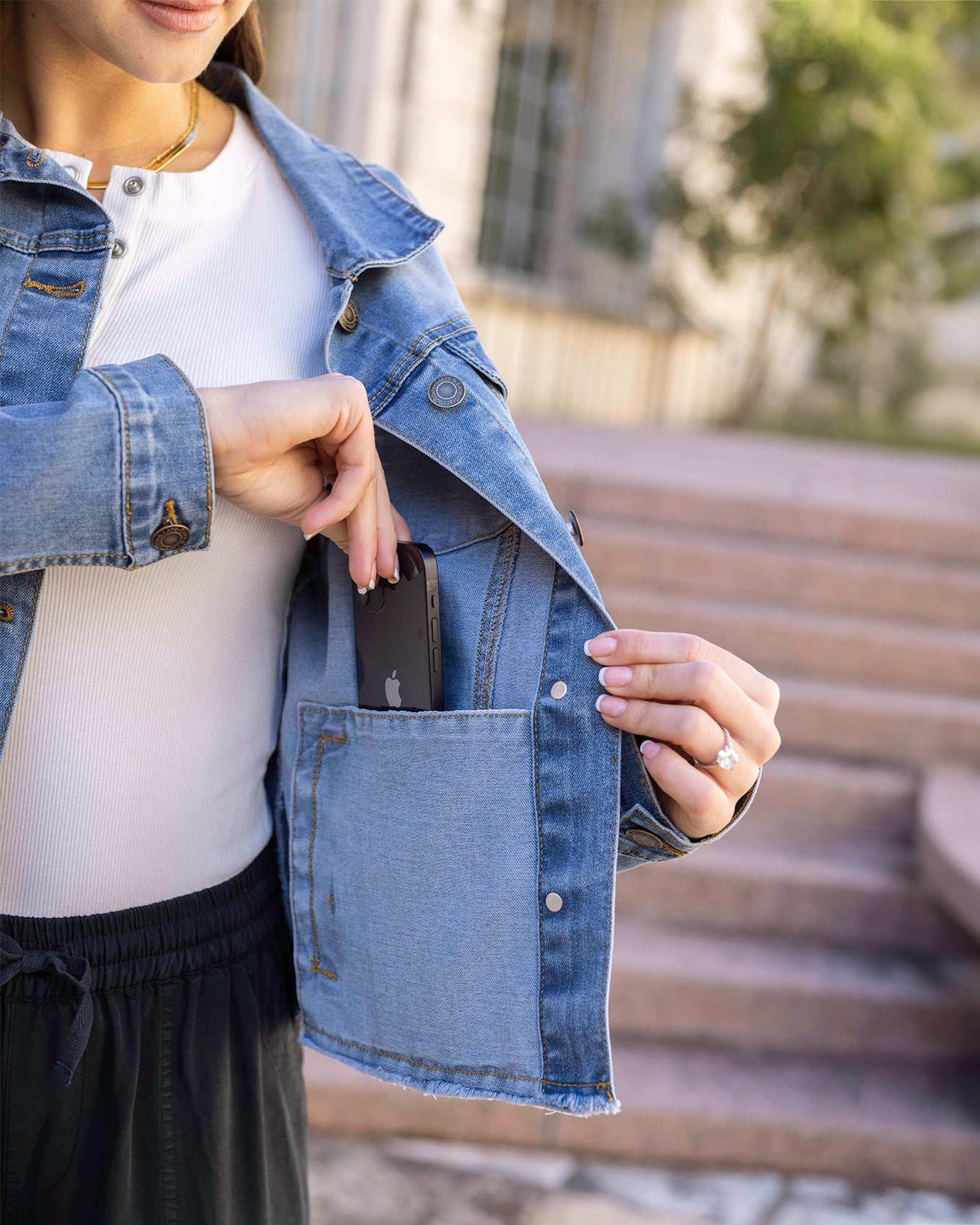 Phone pocket in Mid Wash Soft Wash Denim Jacket