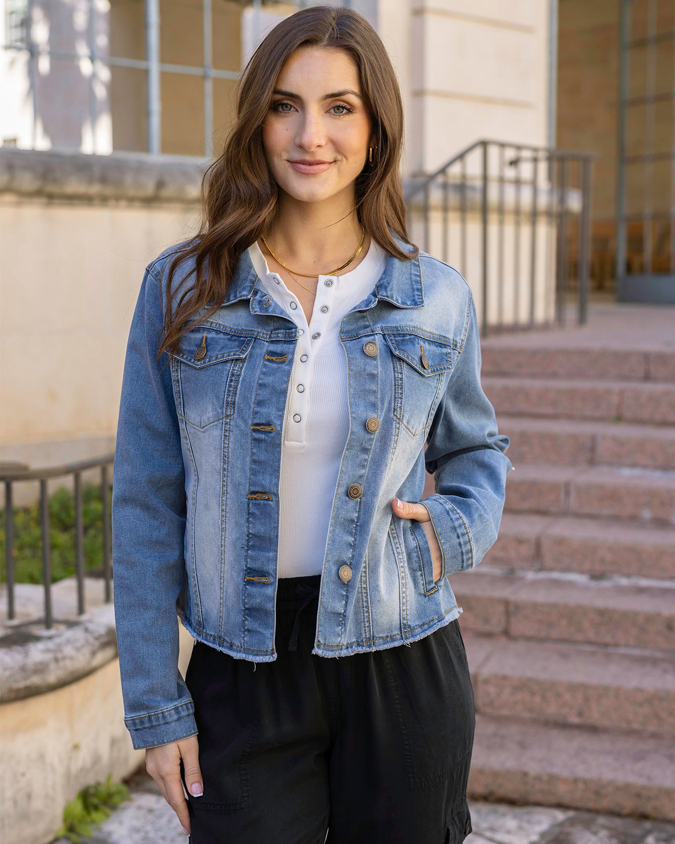 Close up view of Mid Wash Soft Wash Denim Jacket