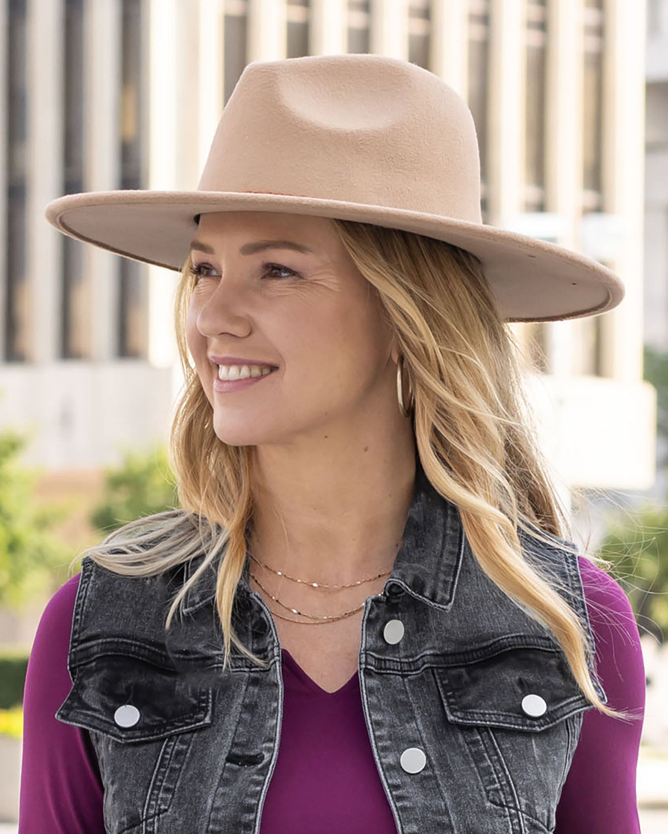 front view of wide brim felt hat in camel