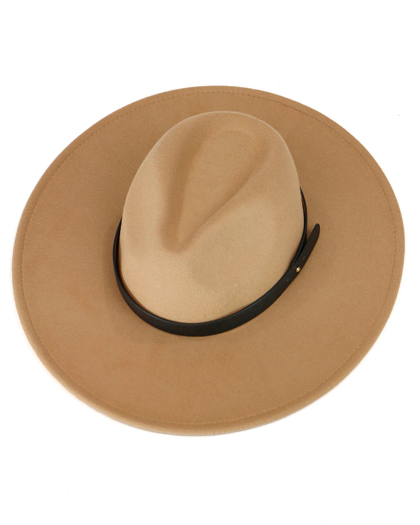 top view of wide brim felt hat in camel