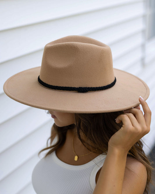 side view of wide brim felt hat in camel