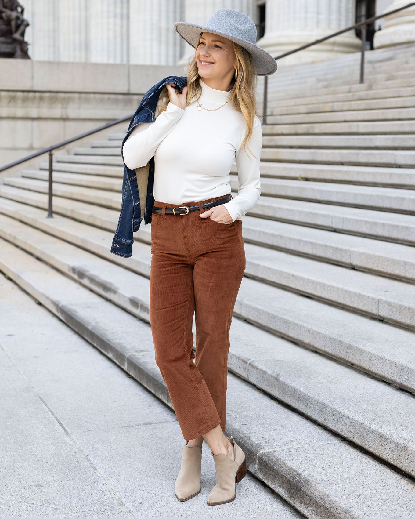 full body view straight leg corduroy pants