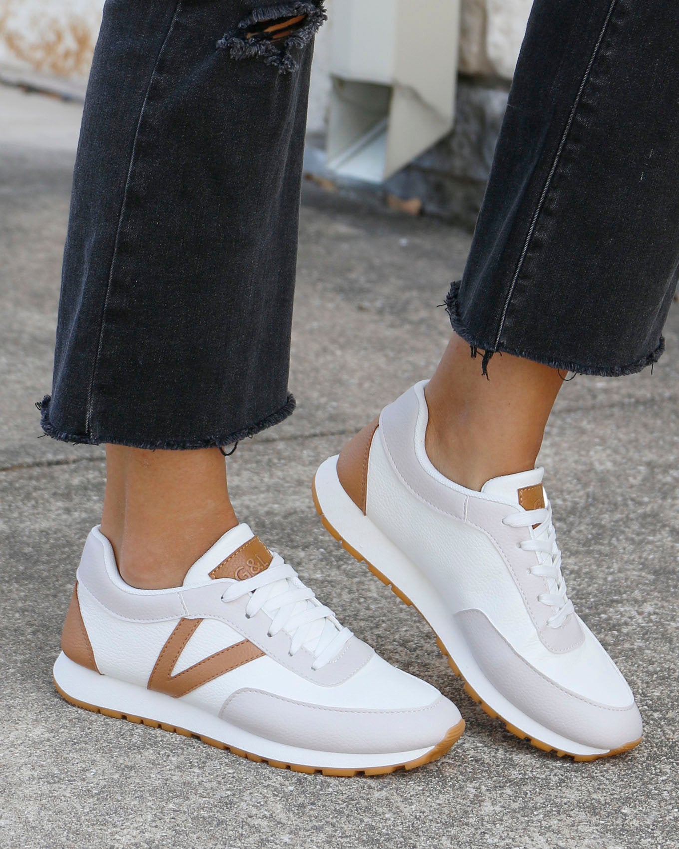 side view of tan/nude street sneakers