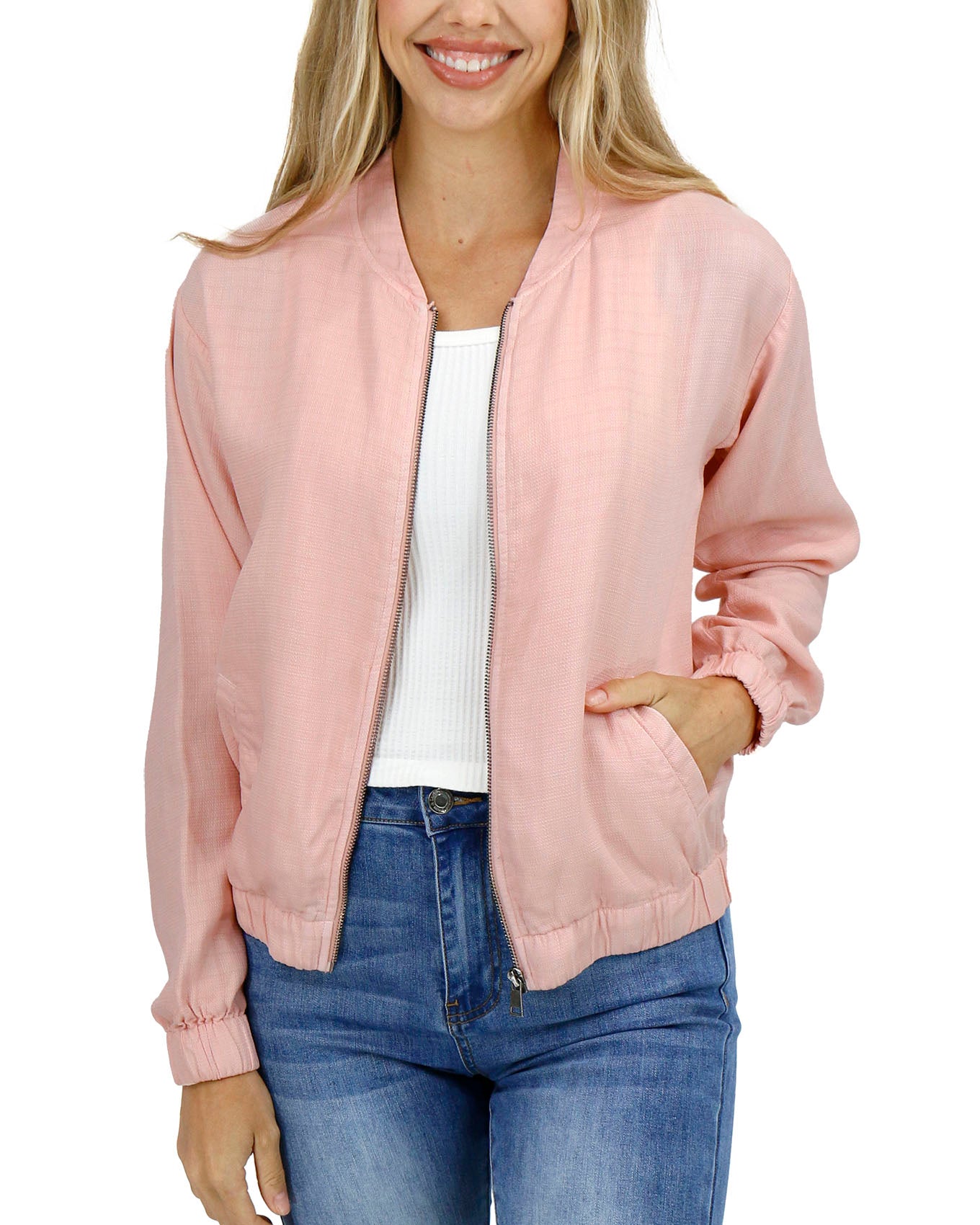 Front stock shot of Blush Tencel™ Lyocell Baseball Jacket