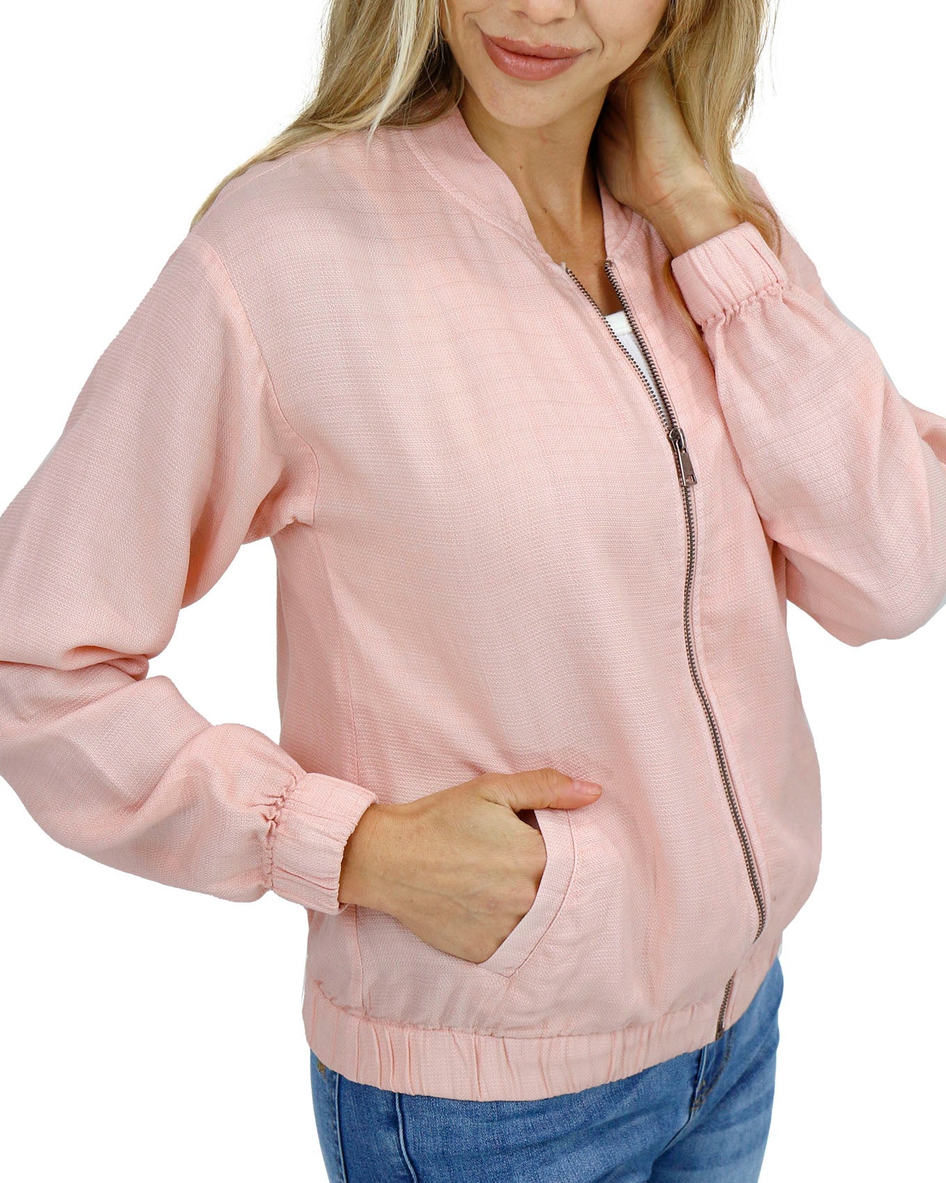 Side stock shot of Blush Tencel™ Lyocell Baseball Jacket