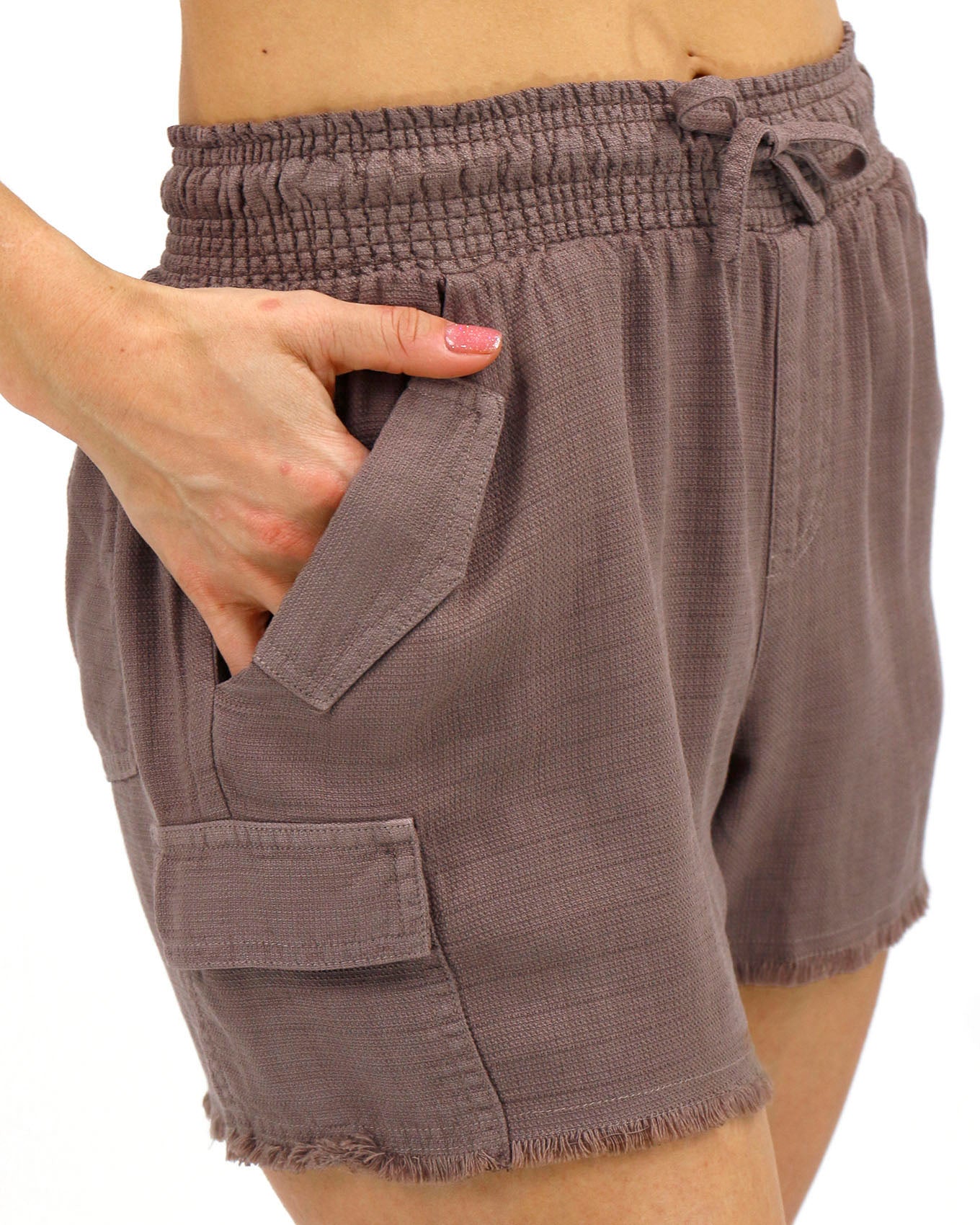 Side stock shot of Mocha Tencel Lyocell Cargo Soft Shorts