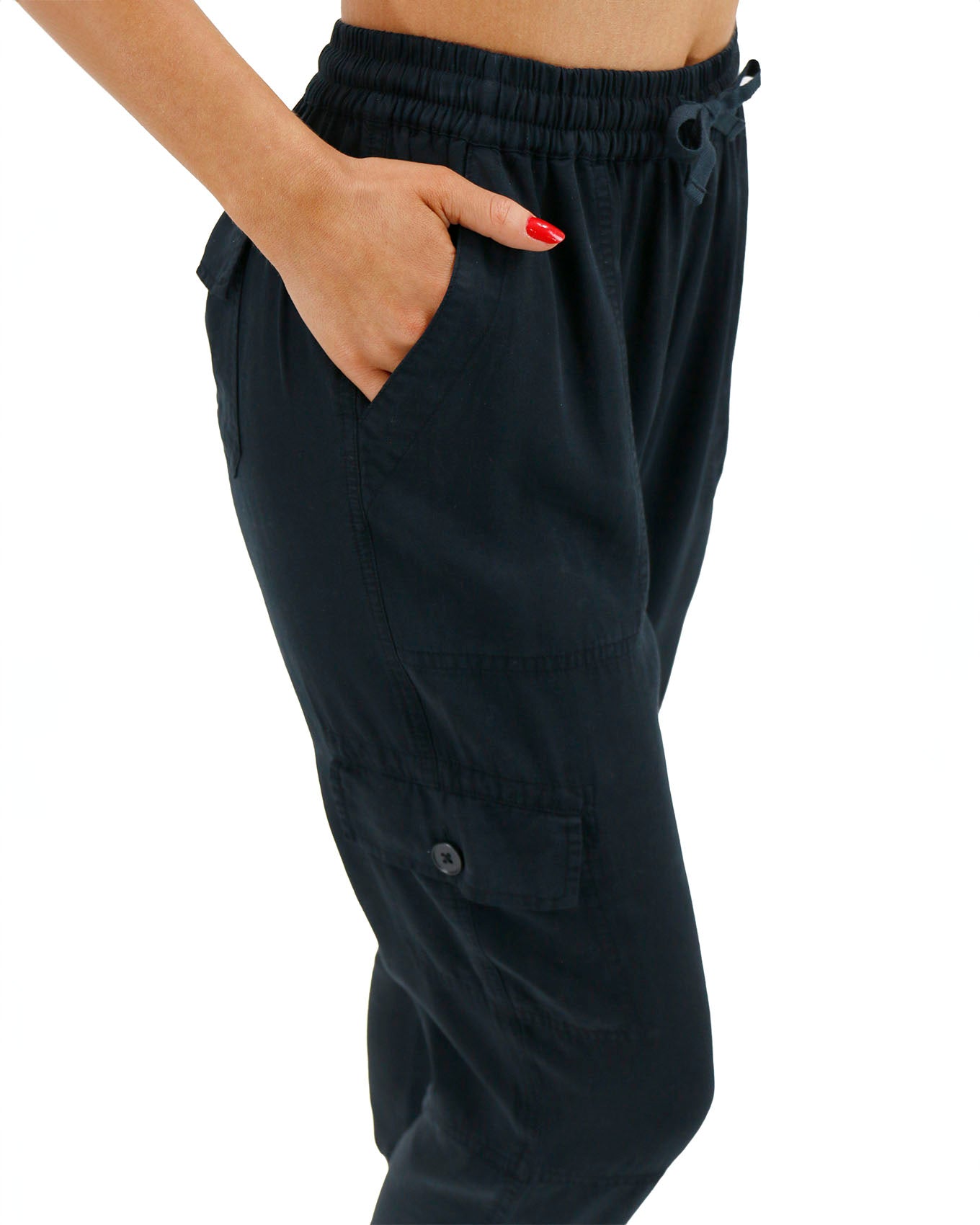 Side stock shot of Black Tencel™ Lyocell Cropped Cargo Pants