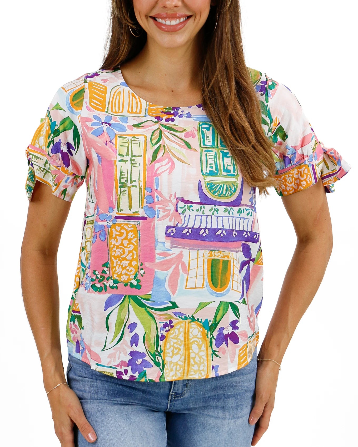 Twist Sleeve Story Print Summer Top