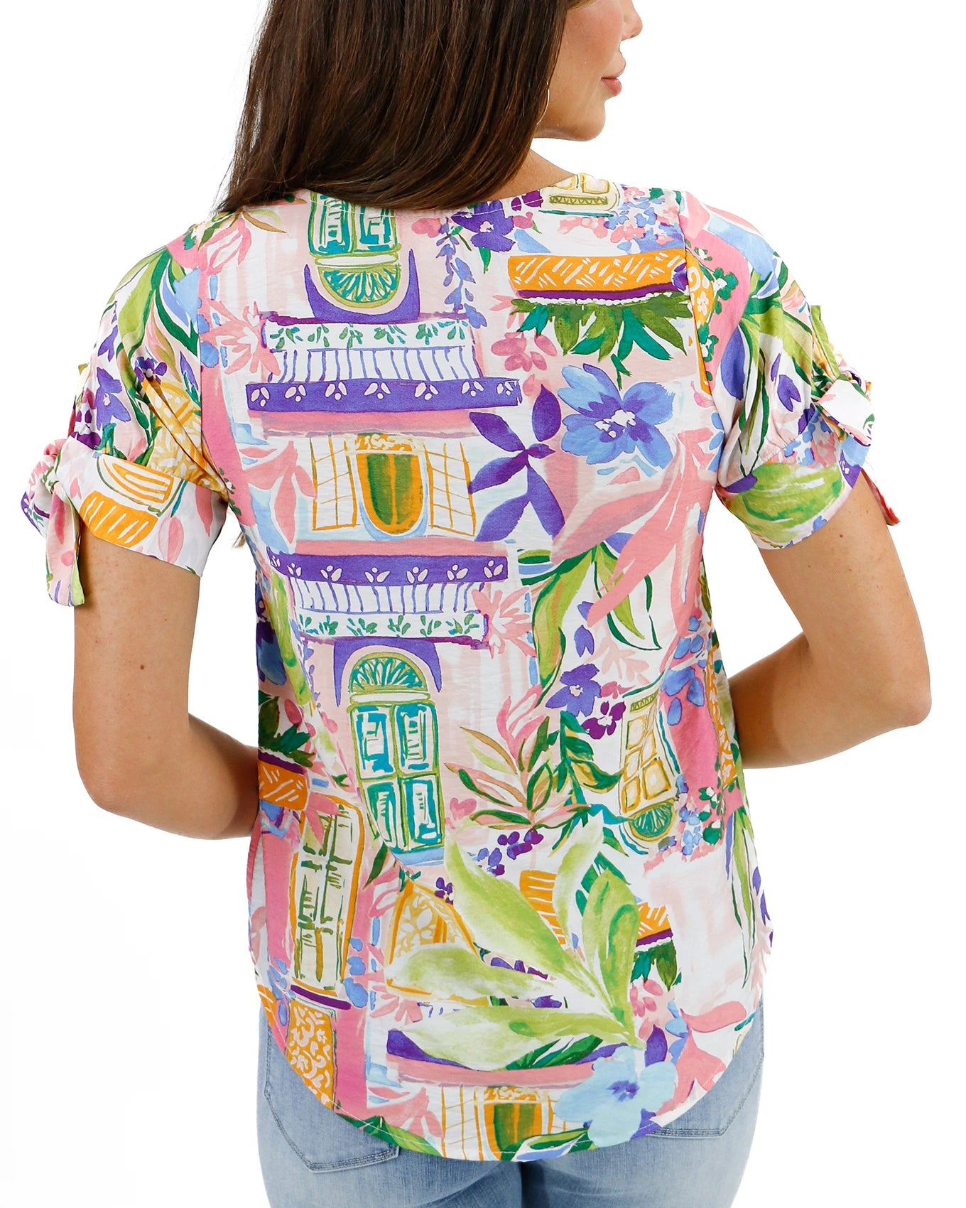 Twist Sleeve Story Print Summer Top