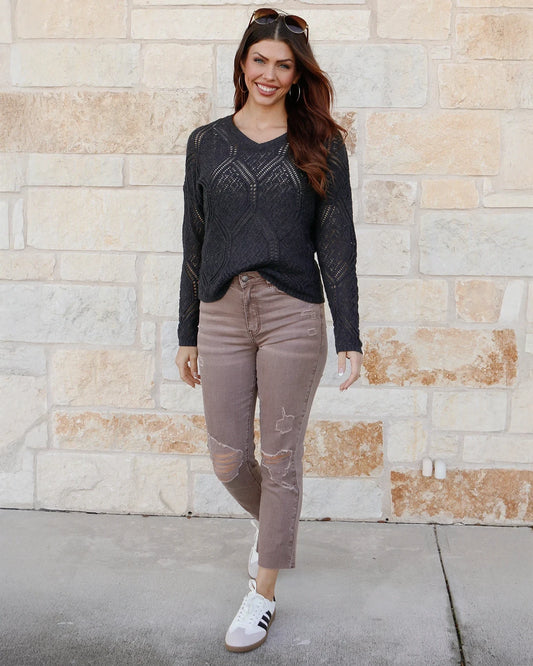 V-Neck Charcoal Pointelle Sweater Open knit sweater
