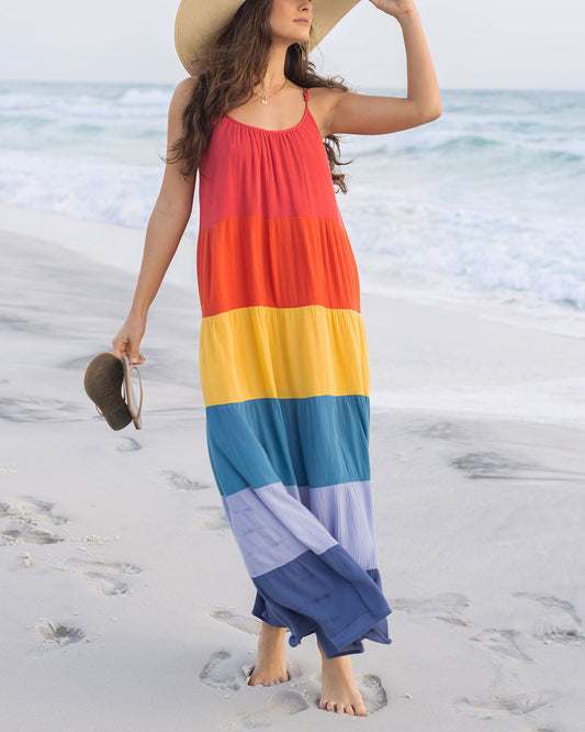 front view shot of color-block flowy maxi dress without waist tie women's tiered maxi dress
