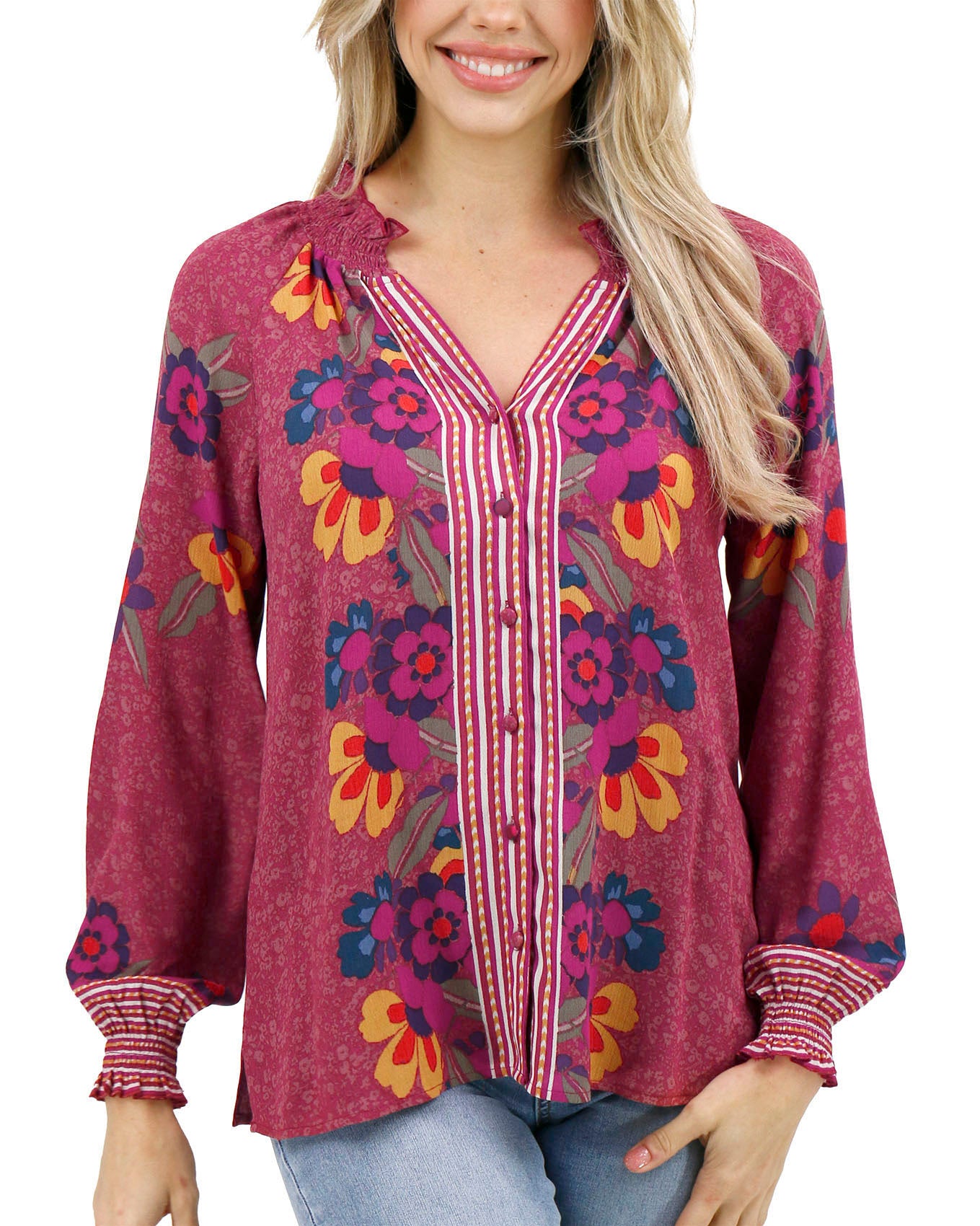 Front Stock Shot of Multi Floral Vintage Floral Garden Top