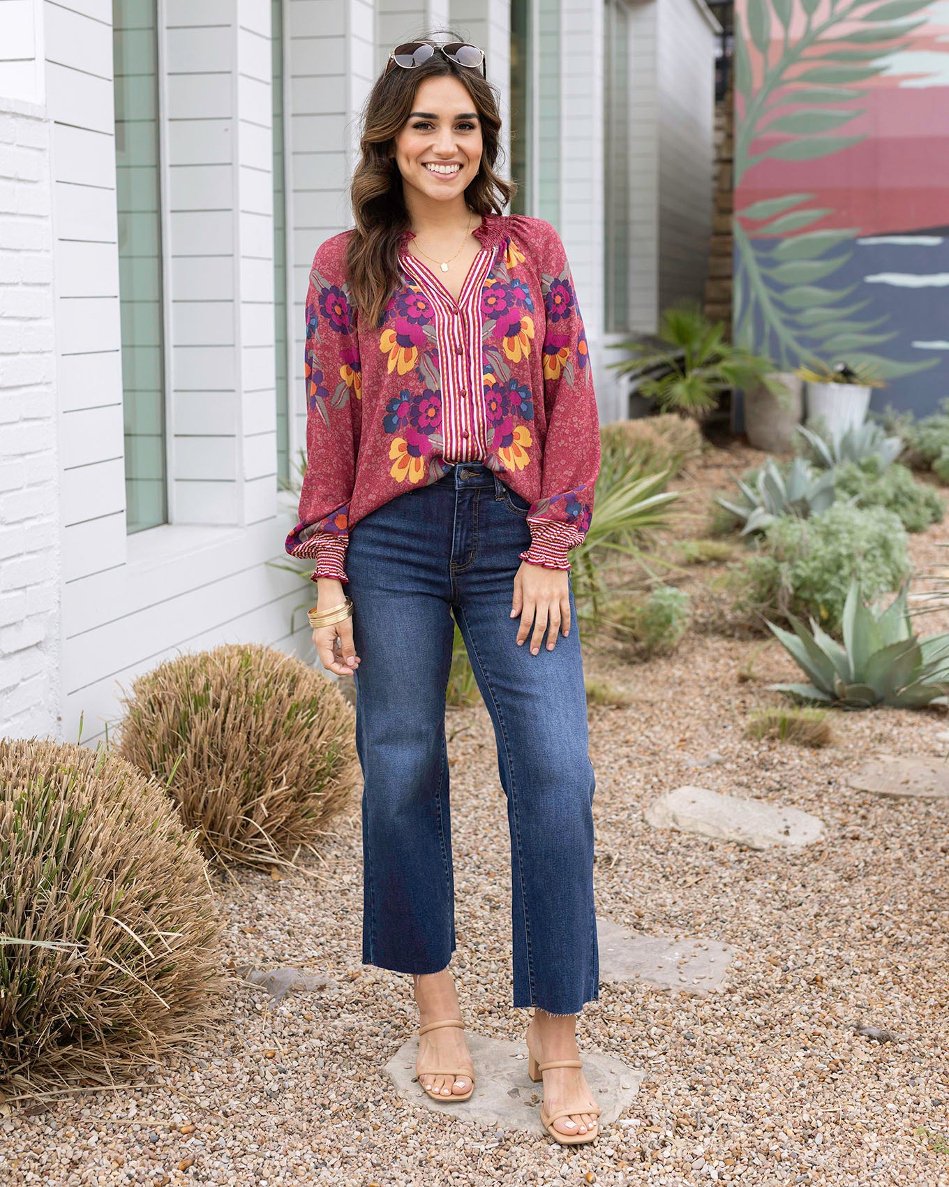 Full view of Multi Floral Vintage Floral Garden Top