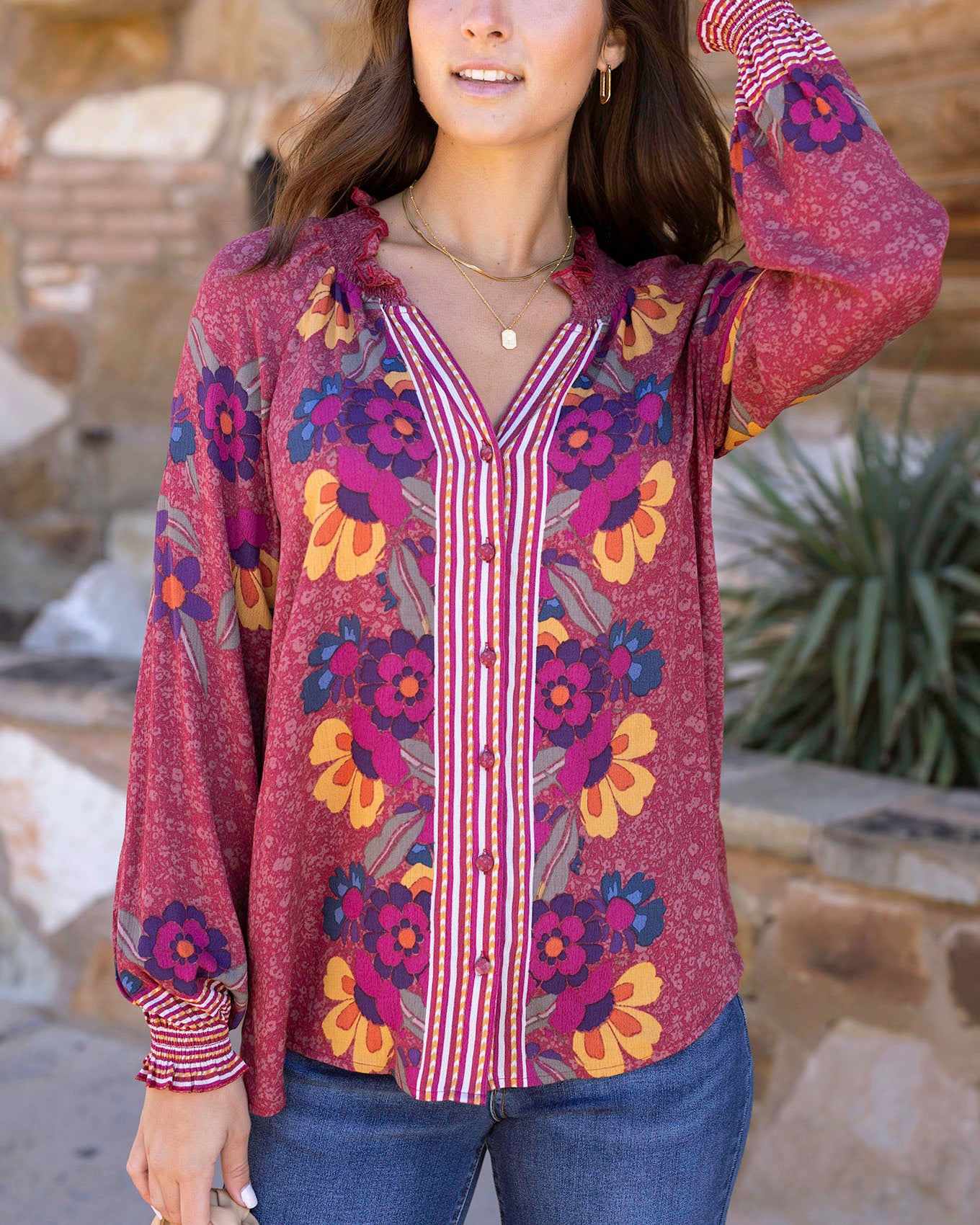 Front view of Multi Floral Vintage Floral Garden Top