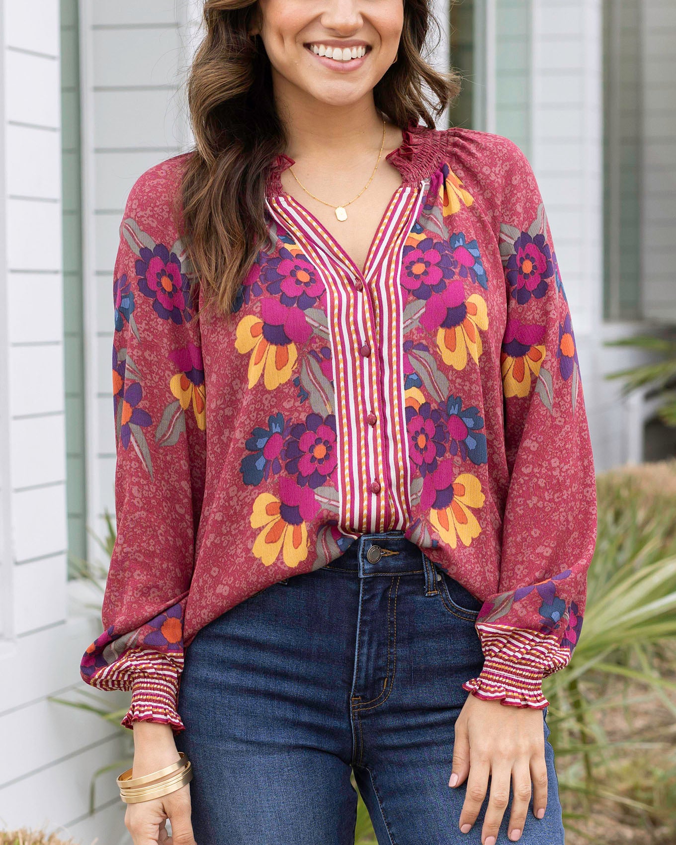 Front view of Multi Floral Vintage Floral Garden Top