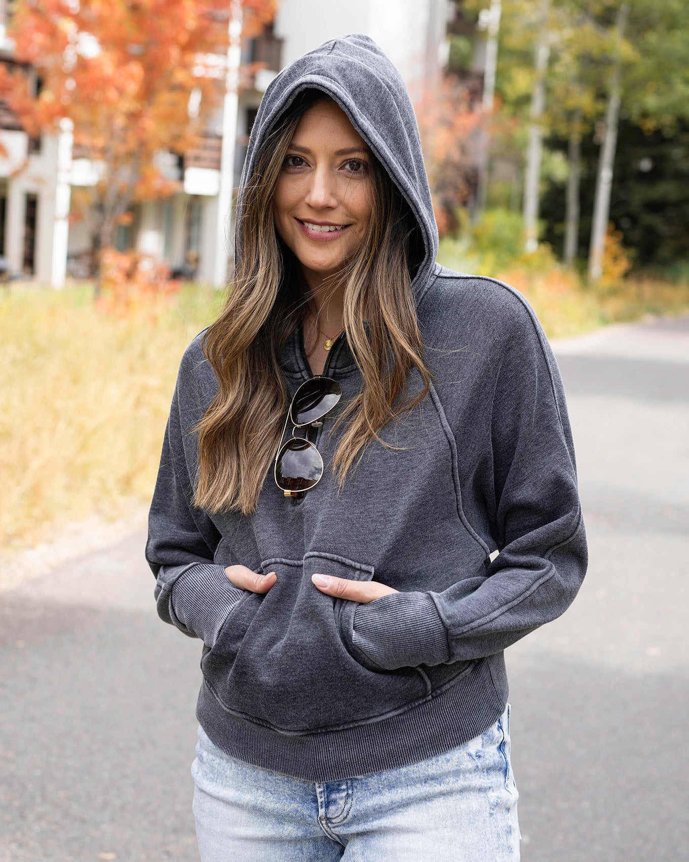 Hood up view of Washed Grey Vintage Wash Quarter Zip Hoodie