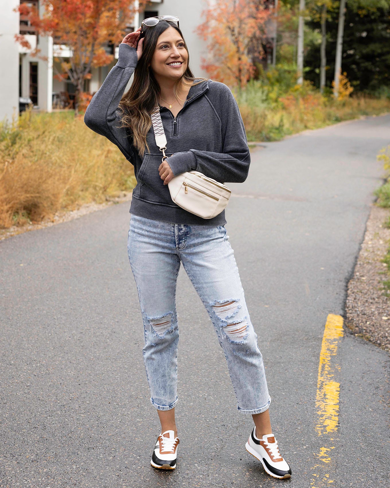 Styled view of Washed Grey Vintage Wash Quarter Zip Hoodie