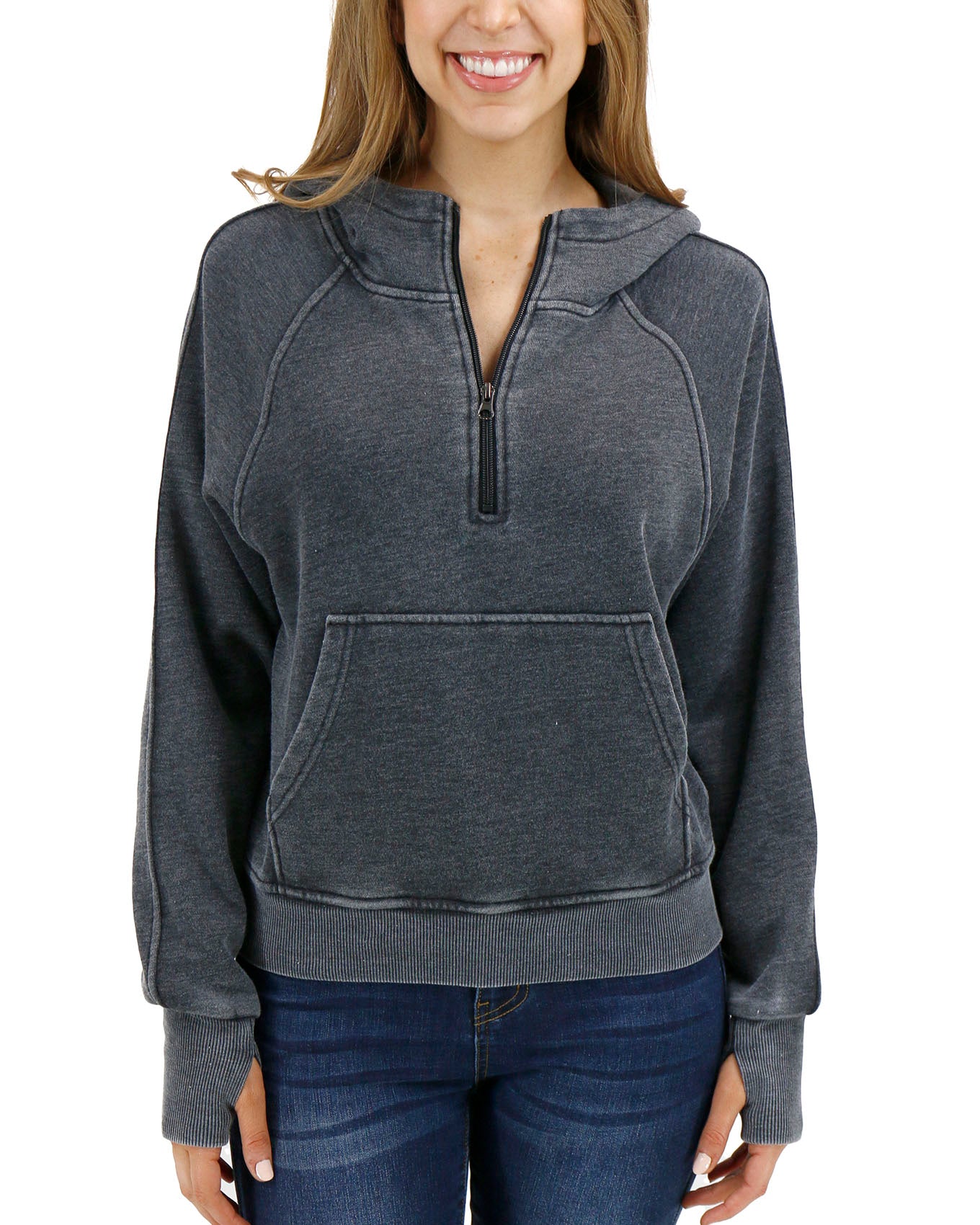Front stock shot of Washed Grey Vintage Wash Quarter Zip Hoodie