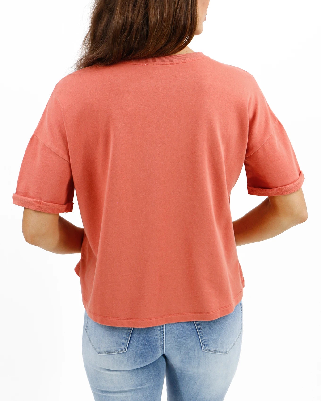 Womens short sleeve sweatshirt in coral back view