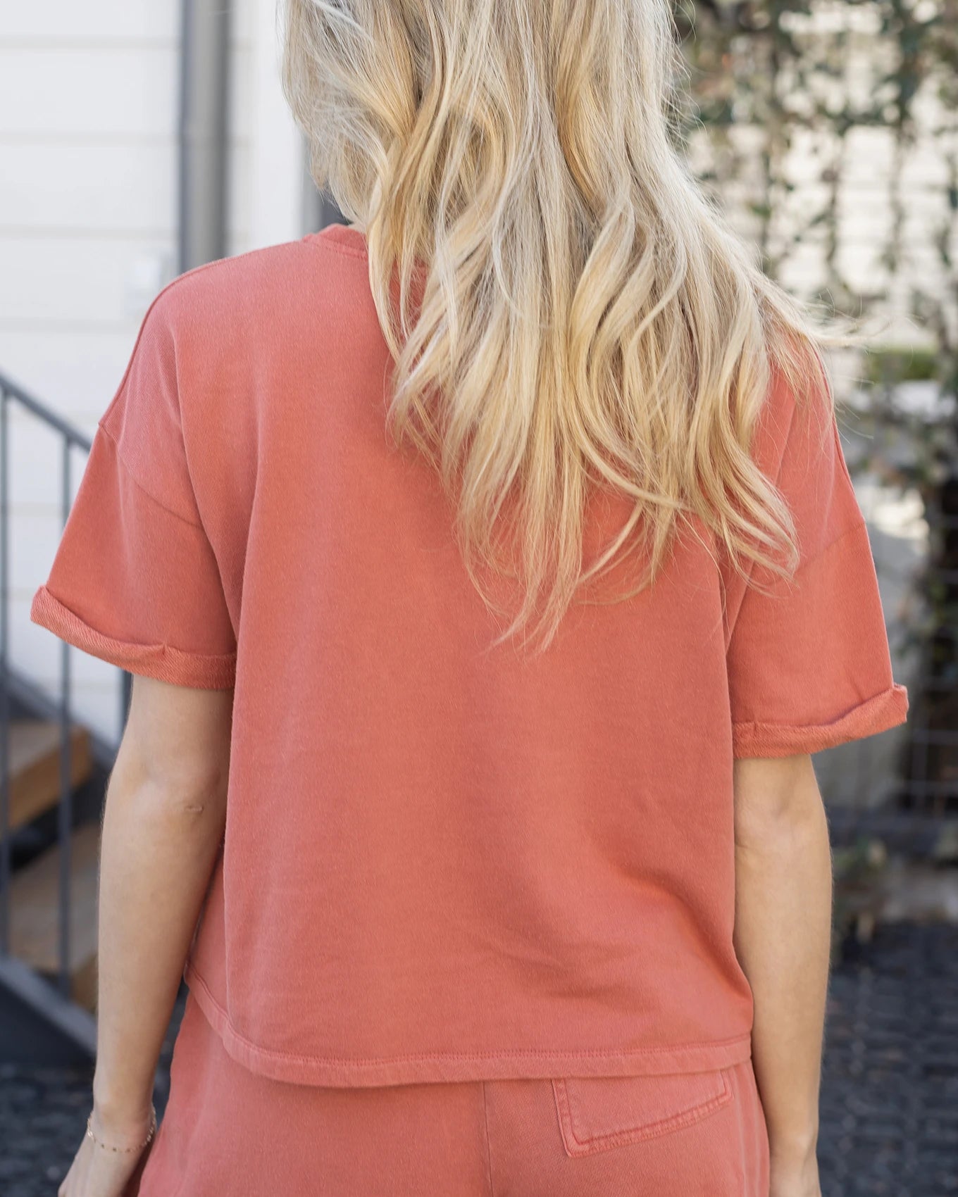 Back view coral crew neck