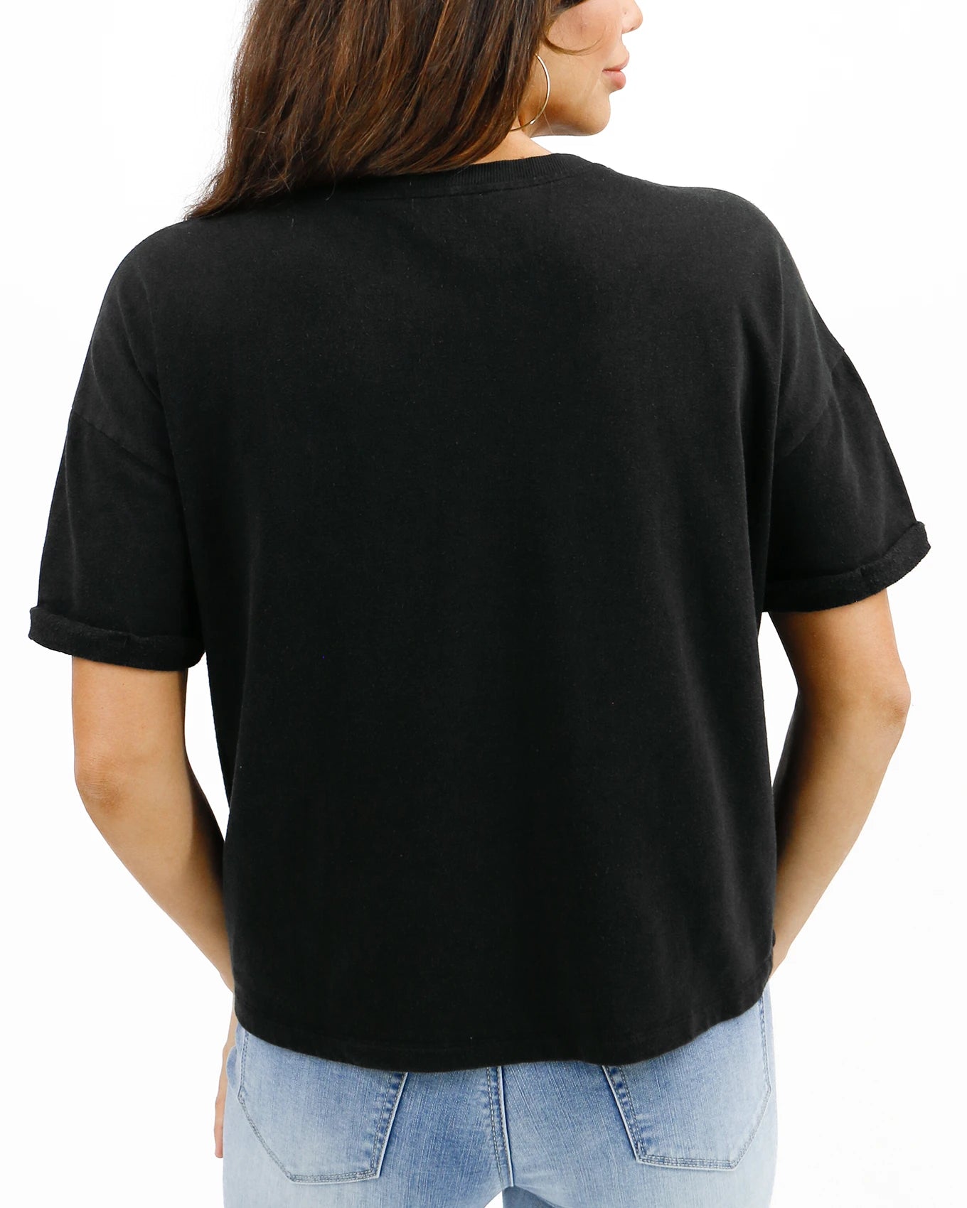 Back view detail black crew neck sweatshirt