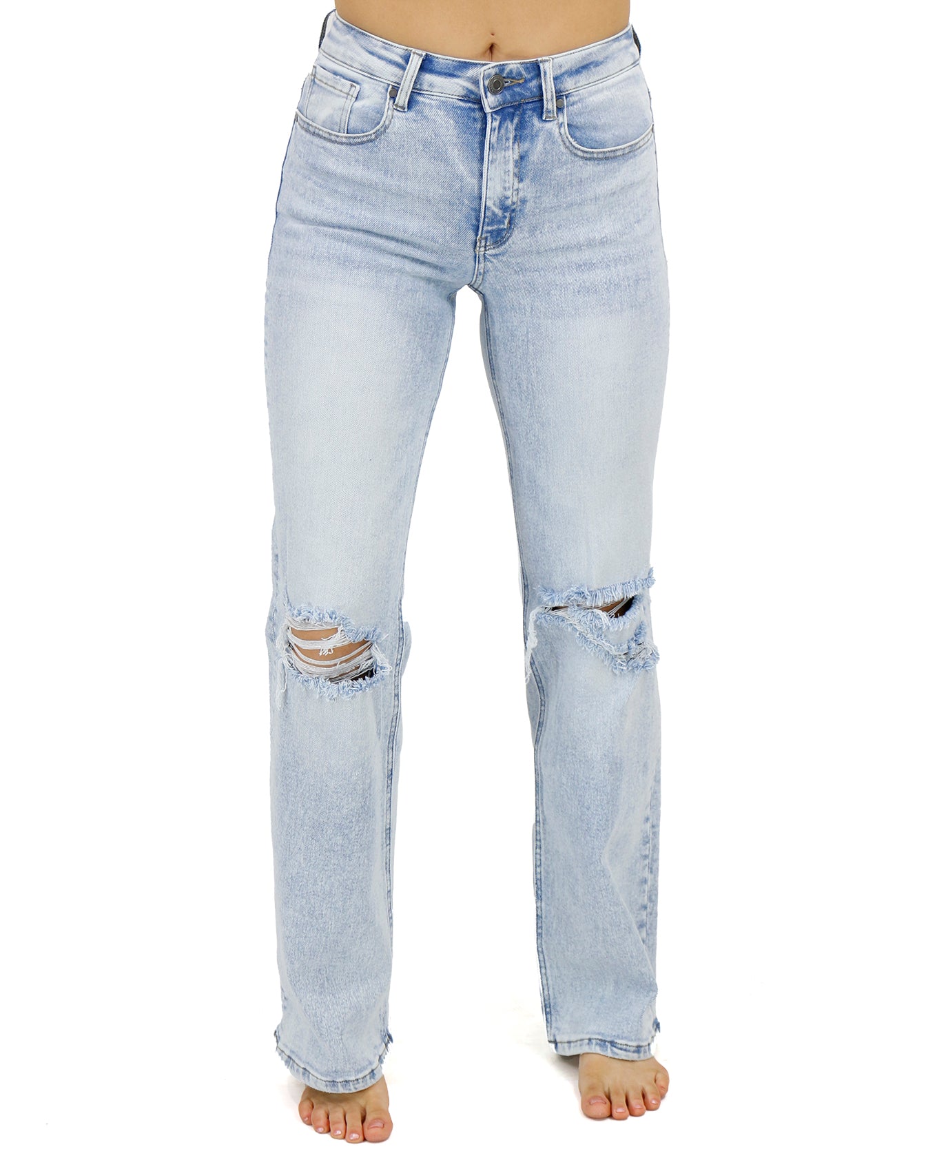Front stock shot of Wide Leg Premium Denim in Distressed Light-Wash
