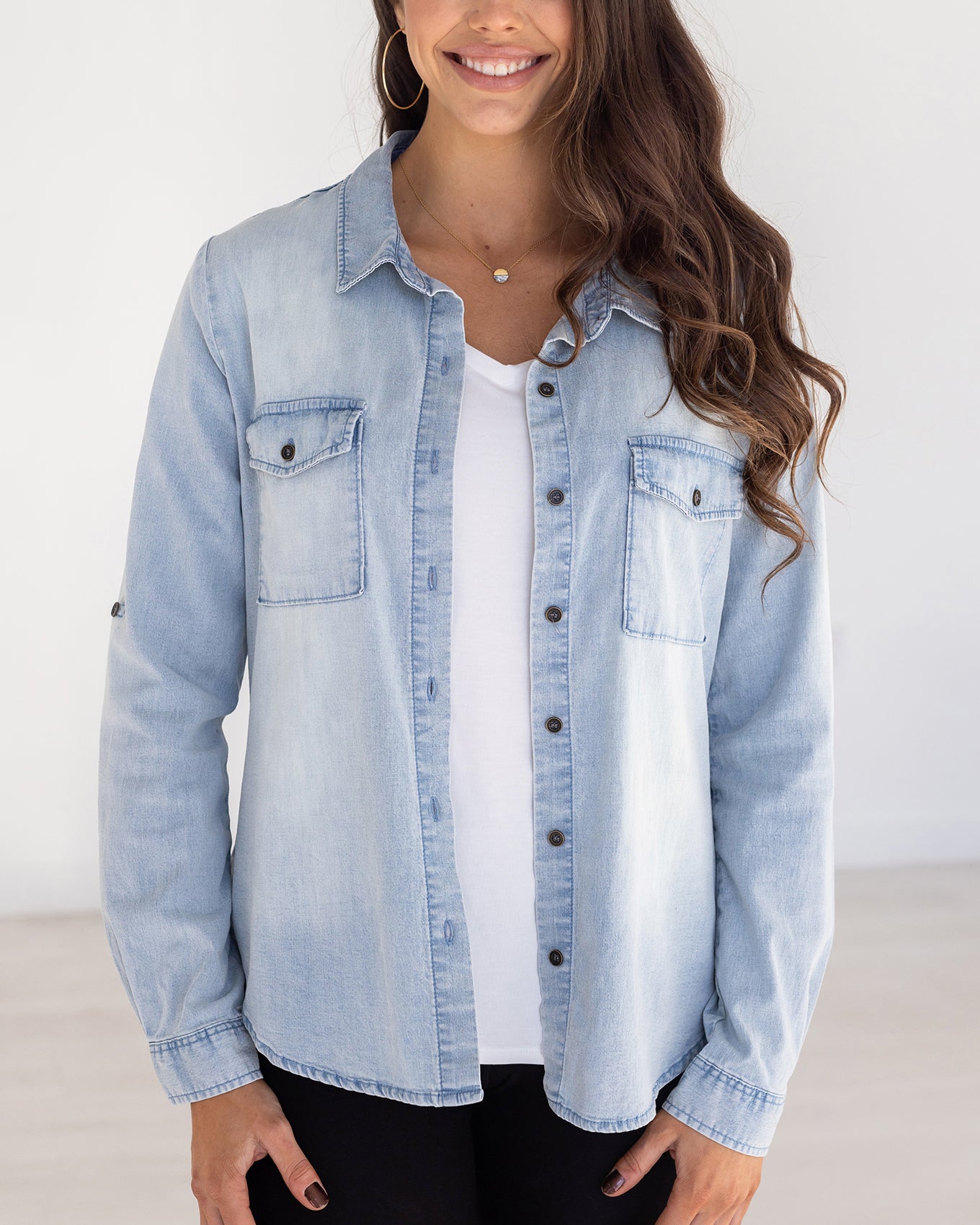 front view stock shot of chambray top