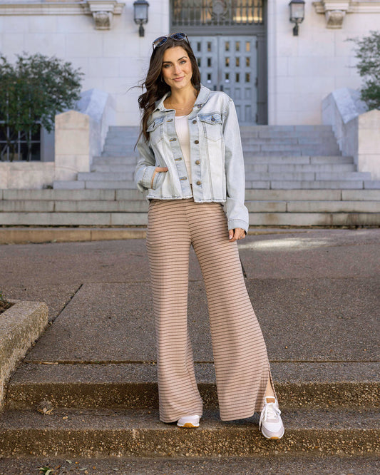 Coziest Tan and Black Stripe Wide Leg Lounge Pants Front view of Tan/Black Stripe Coziest Wide Leg Lounge Pants