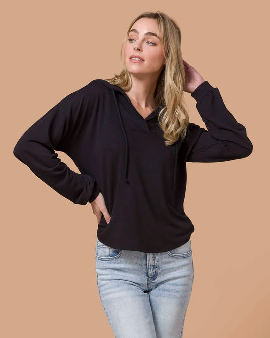 Pullover V-Neck Drawstring Hoodie - Black Pullover V-Neck Drawstring Hoodie - Black